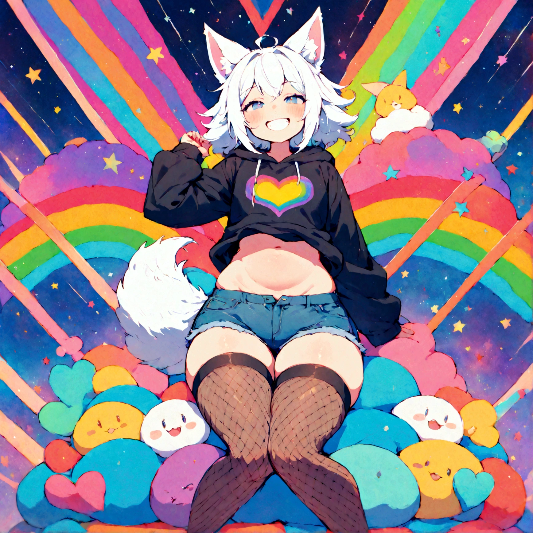 a cute adult male with wolf ears, white hair, has a wolf tail, wearing a loose cropped oversized black hoodie, wearing a pair of denim short shorts and thigh high fishnet stockings, thick thighs, wide hips, relaxing on mound of fluffy multi colored kawaii plushies, short, very slim, showing slender tummy, stretching out, heart on hoodie, squishy thighs, has glowing blue eyes. alone, solo (ALONE)(SOLO), surrounded by rainbows, colorful galaxy backround, mouth wide open grin, very happy, excited, nice butt