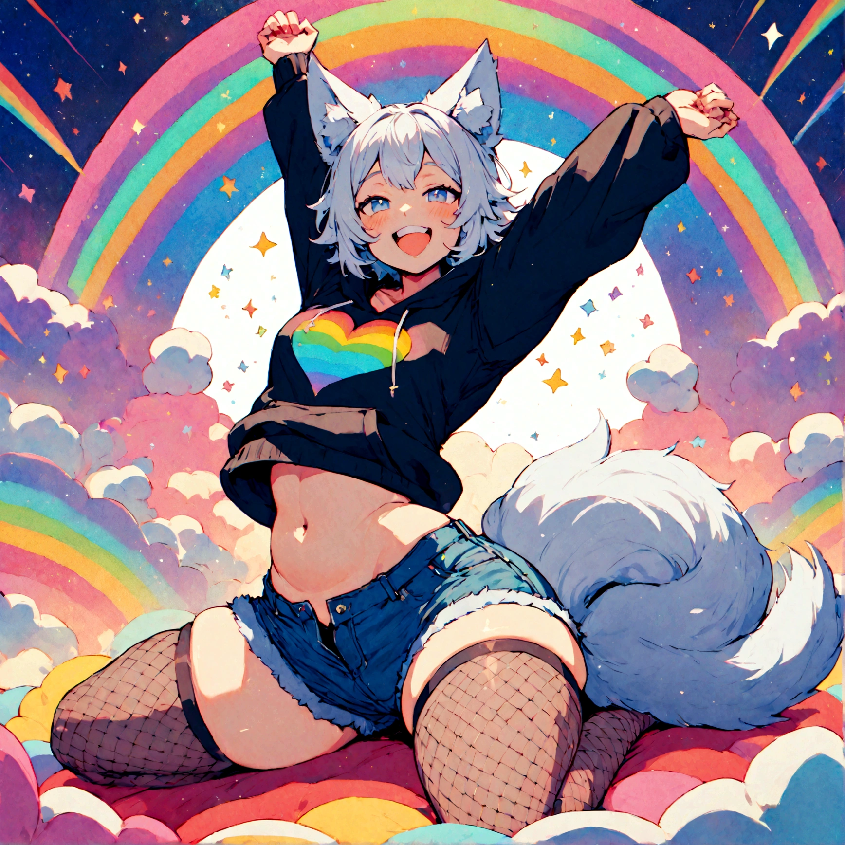 a cute adult male with wolf ears, white hair, has a wolf tail, wearing a loose cropped oversized black hoodie, wearing a pair of denim short shorts and thigh high fishnet stockings, thick thighs, wide hips, relaxing on mound of fluffy multi colored kawaii plushies, short, very slim, showing slender tummy, stretching out, heart on hoodie, squishy thighs, has glowing blue eyes. alone, solo (ALONE)(SOLO), surrounded by rainbows, colorful galaxy backround, mouth wide open grin, very happy, excited, nice 