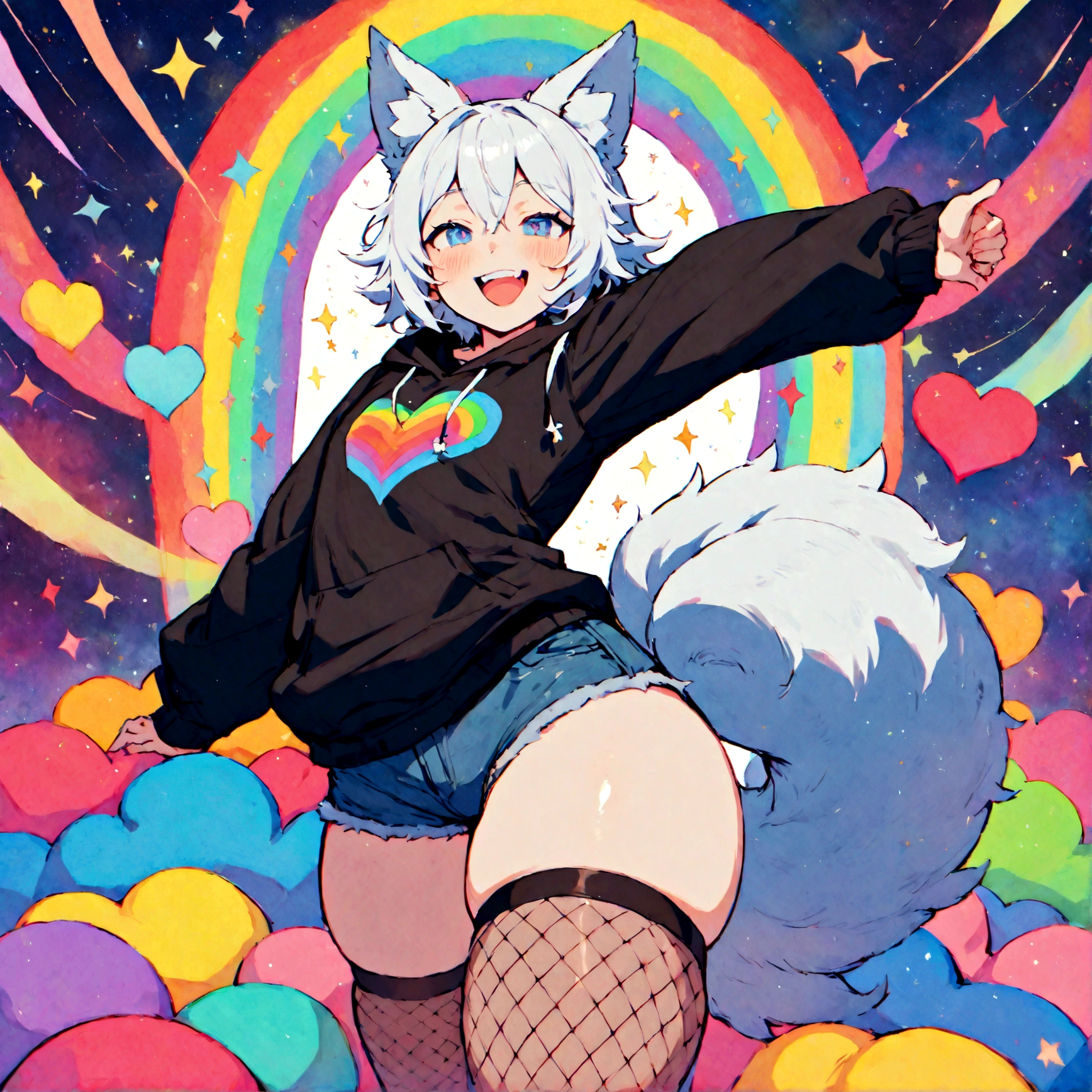 a cute adult male with wolf ears, white hair, has a wolf tail, wearing a loose cropped oversized black hoodie, wearing a pair of denim short shorts and thigh high fishnet stockings, thick thighs, wide hips, relaxing on mound of fluffy multi colored kawaii plushies, short, very slim, showing slender tummy, stretching out, heart on hoodie, squishy thighs, has glowing blue eyes. alone, solo (ALONE)(SOLO), surrounded by rainbows, colorful galaxy backround, mouth wide open grin, very happy, excited, nice butt