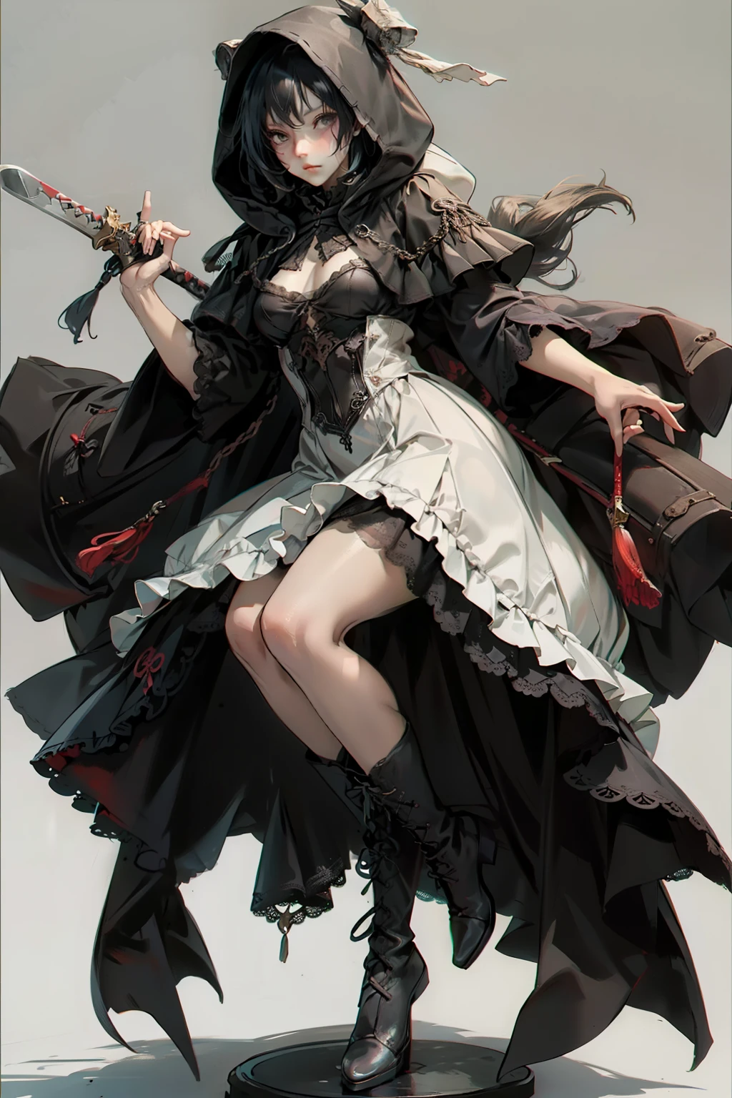 ((best quality)), ((masterpiece)), (detailed), blank white background, plain background, white background, red and white clothing, (with a hood), Bloodborne inspired,  occult aesthetic, occult, detailed and intricate steampunk and detailed gothic, NSFW, Very dramatic and cinematic lighting, cosmic horror, grim-dark, side-lighting, perfect face, NSFW, Fluttering lace flared long knee length dress with frilly petticoats, knee length dress, pleated petticoats, ta dress, petticoats gothic lolicomplex lace boots, wielding a sword and holding a shield, side-lighting, gothic lolita aetic, NSFW, beautiful small breasts, small breasts, full body, whole body, body, plain background, white background, blank background, no background, white background NSFW, full body, whole body, head-to-toe