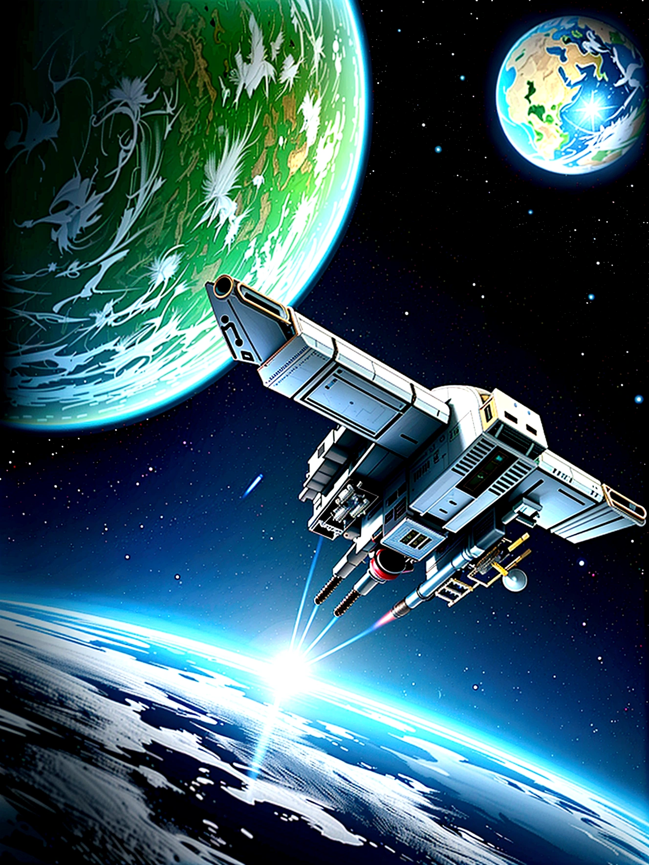 crie apenas um planeta verde e branco, seen from a distance in space, a T70 x-wing fighter ship, feita de metal brilhante, voando em orbita, make the image very dramatic and surreal with a wide-angle view