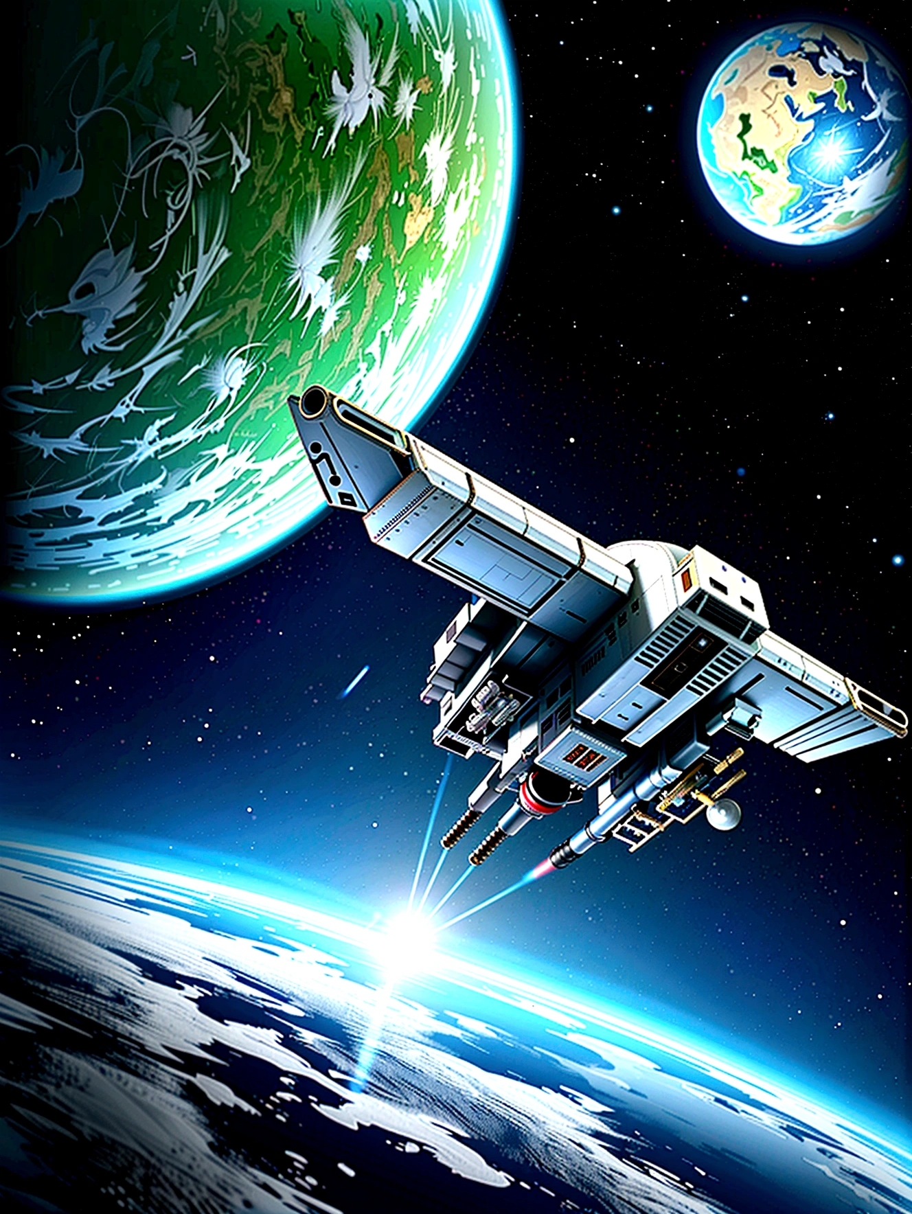 crie apenas um planeta verde e branco, seen from a distance in space, a T70 x-wing fighter ship, feita de metal brilhante, voando em orbita, make the image very dramatic and surreal with a wide-angle view