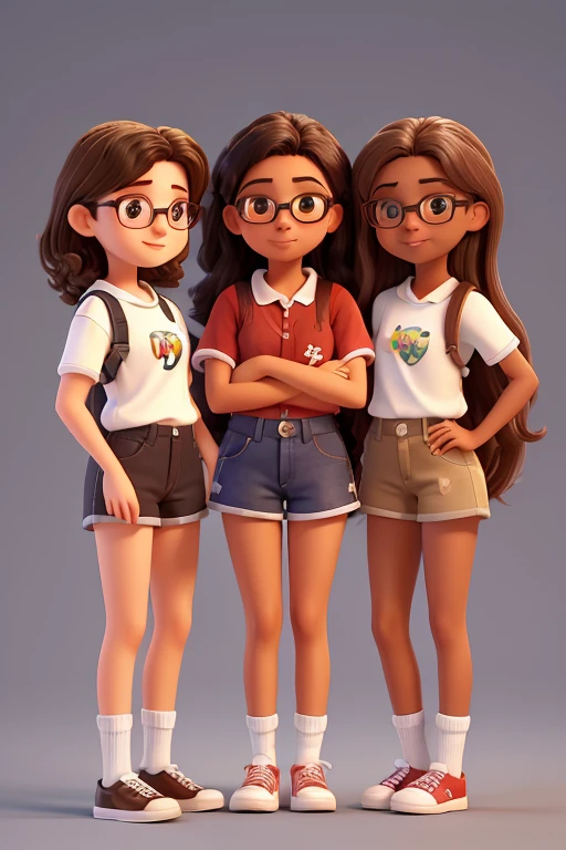 3 amigas de ,a primeira garota de 17 anosele escura com cabelos cacheados longos preto, the second 17 year old girl has medium hair, white skin and the third 17 year old girl has white skin, wears glasses short brown hair and reddish highlights,