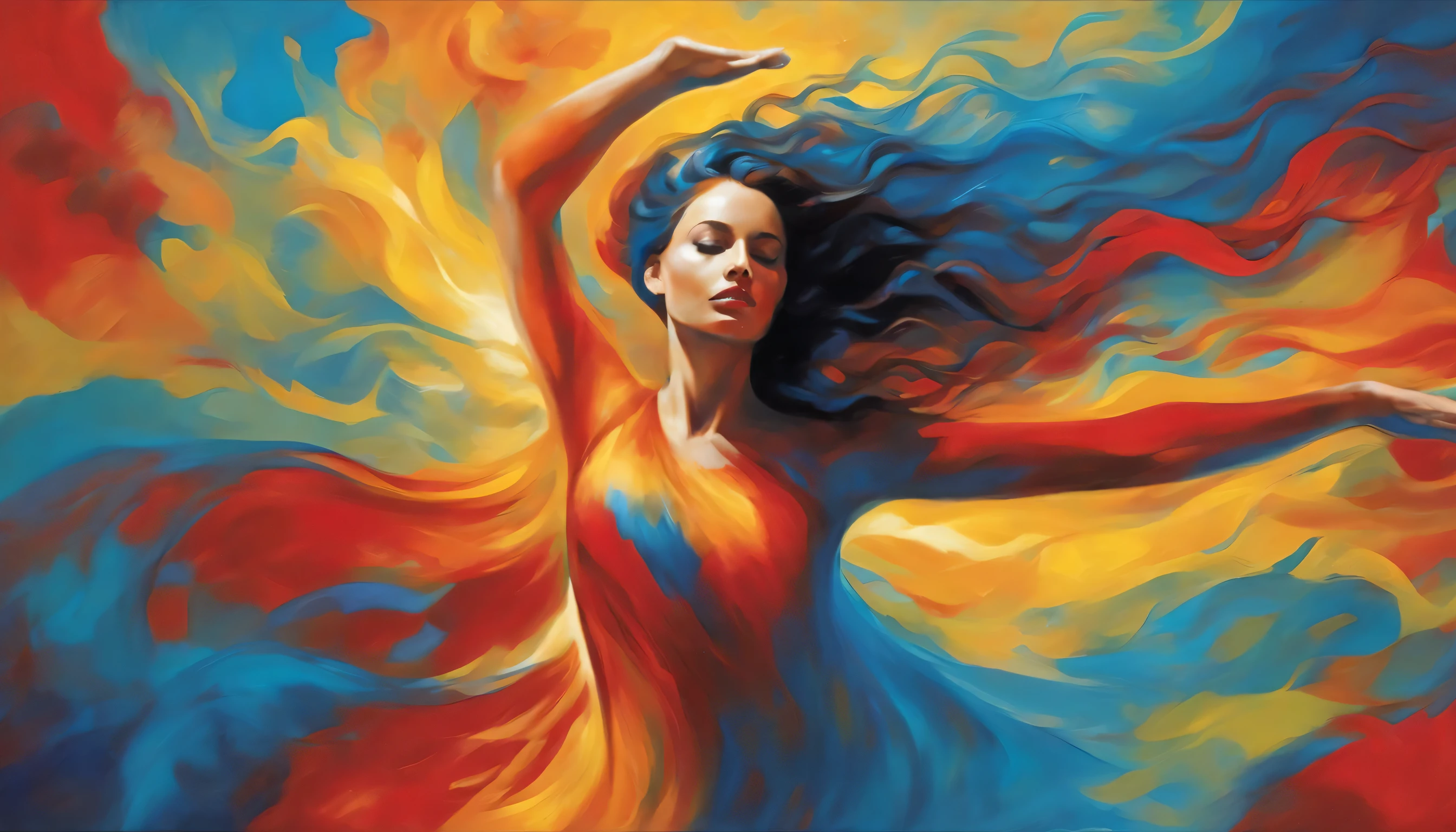 rough and crude oil painting thick brush texture on wood bright colors orange and blue, sensual woman beautiful confident, delicate body contour