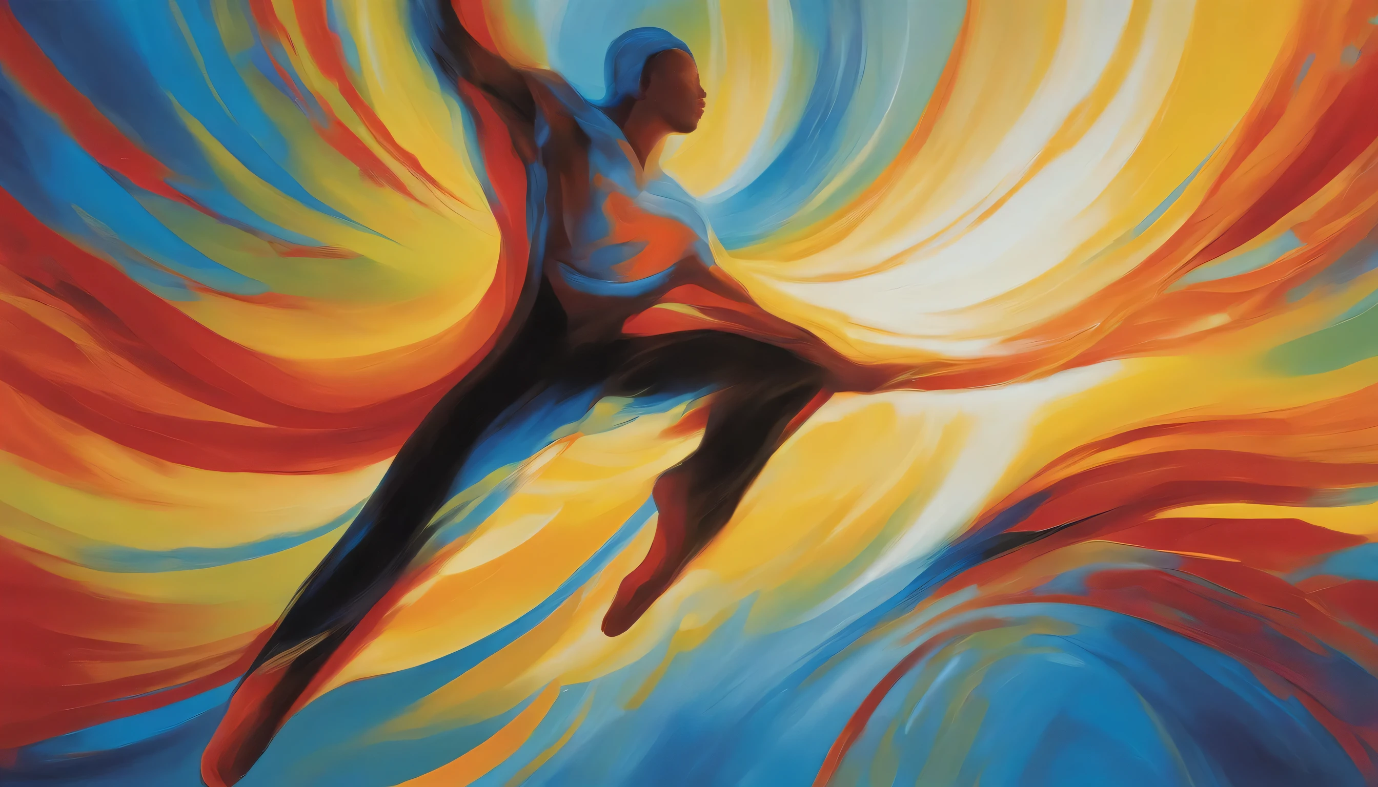 Create an abstract and artistic illustration depicting the emotional freedom of a human. Use vibrant, bright colors such as electric blue, radiant yellow, and vivid red to convey a sense of liberation and joy. The composition should feature dynamic shapes and flowing lines, representing the fluidity and movement of emotions. The central figure should be a human silhouette, semi-transparent, appearing to be in a state of euphoria, with arms outstretched or leaping into the air. The background should be a swirling mix of colors and shapes, giving a sense of boundless space and freedom. The overall effect should evoke a powerful sense of emotional liberation and unrestrained joy. Aestetic.