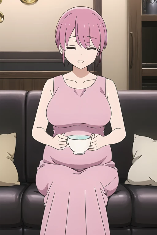 (Highly detailed CG Unity 8k wallpaper),(masterpiece),(highest quality),(Super detailed),(Best illustrations),(Best Shadow),(Absurd), Michiyo, One girl, alone, Pink Hair, close your eyes, cup, Sitting, sofa, smile, shirt, Open your mouth,(Sleeveless maxi dress), short hair, indoor, teacup、(Huge breasts:2)、Milk tent、Pregnant women