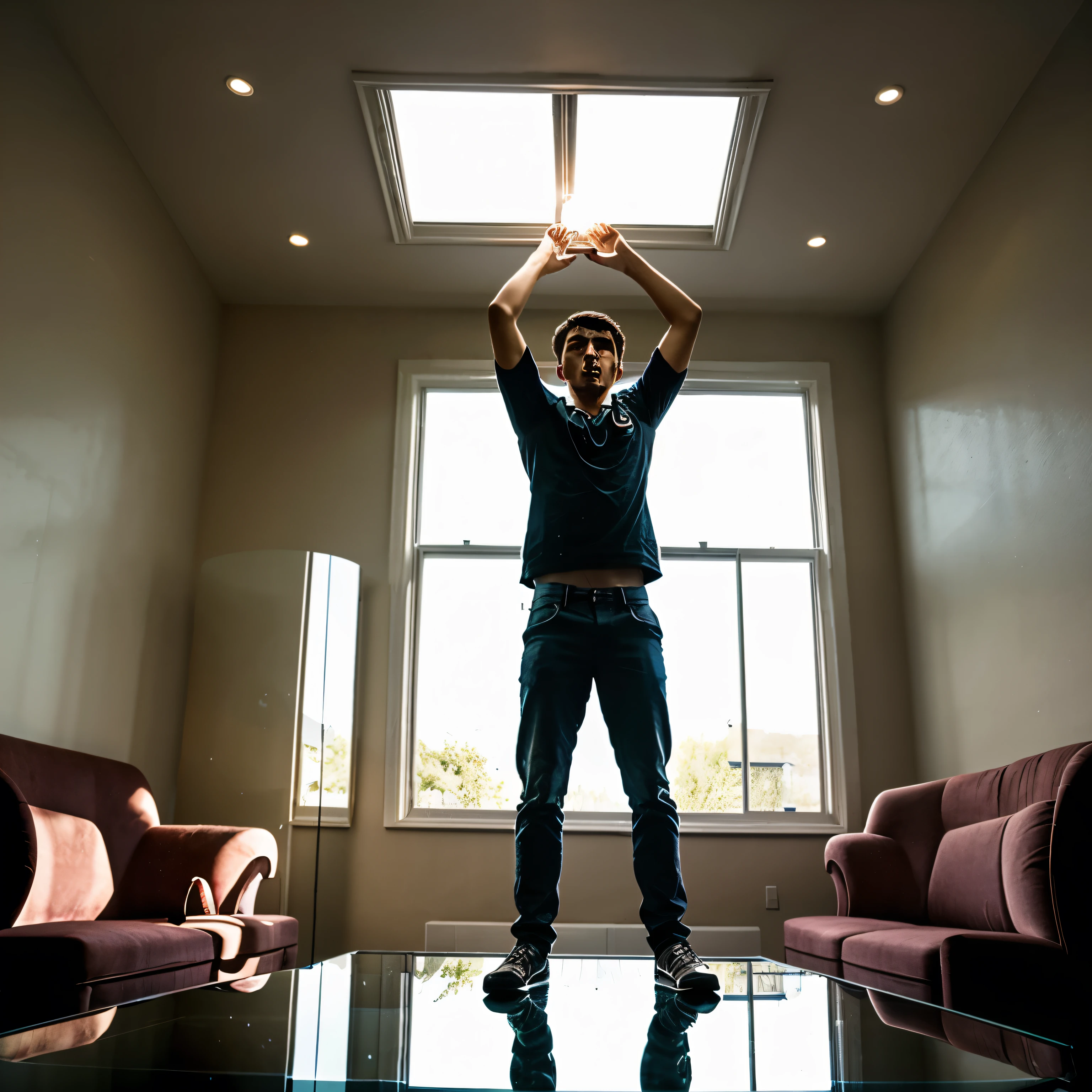A young man standing on a glass table, with his arms raised above his head, unscrews a light bulb from the ceiling