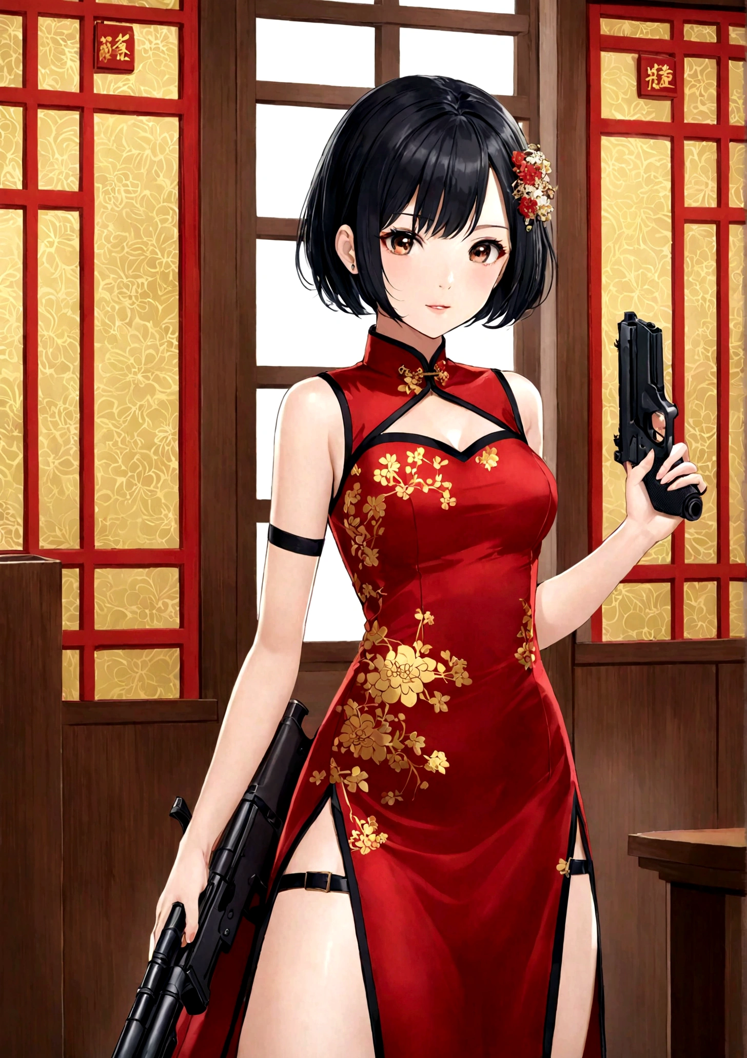 一个穿着红色cheongsam的女人手里拿着gun,White background,1 girl,Black Hair,Black collar,cheongsam,Finger on the trigger,gun,手gun,heckler & koch,拿着gun,拿着arms,手gun,红色cheongsam,左轮手gun,short hair,solo,Thigh straps,arms