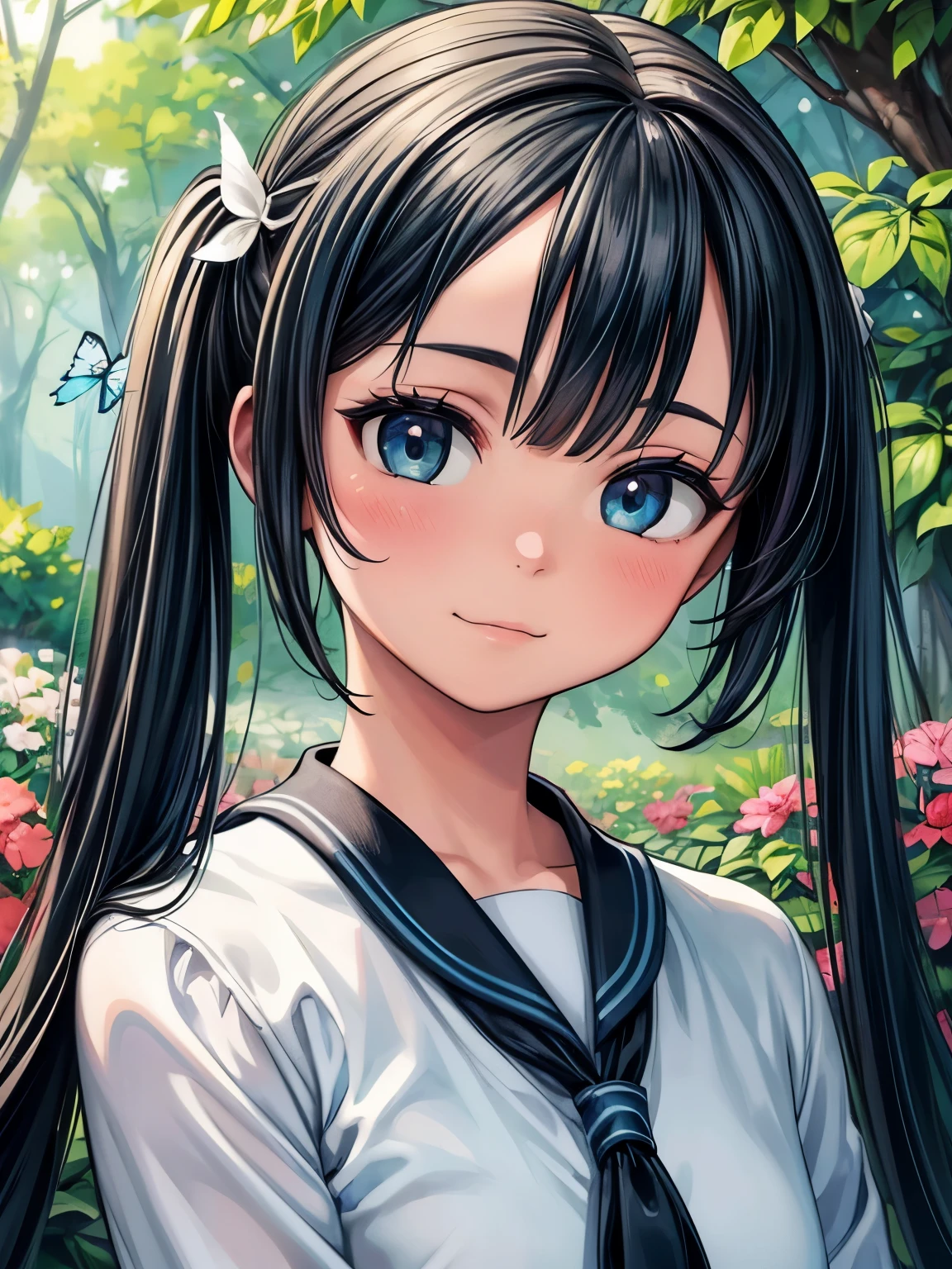 (masterpiece、最high quality、最high quality、Official Art、Beautiful and beautiful:1.2)、(One girl:1.3)Hatsune Miku、Twin tails,Beautiful breasts,(high quality,Realistic),(Portraiture,Concept Artist),(dark-skinned girl with bob hairstyle),Beautiful fine details,Beautiful lip detail,Highly detailed face,Sharp focus,Studio Lighting,Bokeh,Vibrant colors,Paint Color,Soft Shadows,wisps of hair surrounding the face,Wear stylish outfits,Confident expression,friendly and welcoming atmosphere,A faint smile,tilt your head slowly,Colorful flowers々Standing in a vibrant garden,Butterflies flutter by,Under the warm sunshine,rich greenery and tall trees々々々Background filled with,Mysterious atmosphere,Alice in Wonderland inspired theme,subtle surreal elements,Dreamlike quality