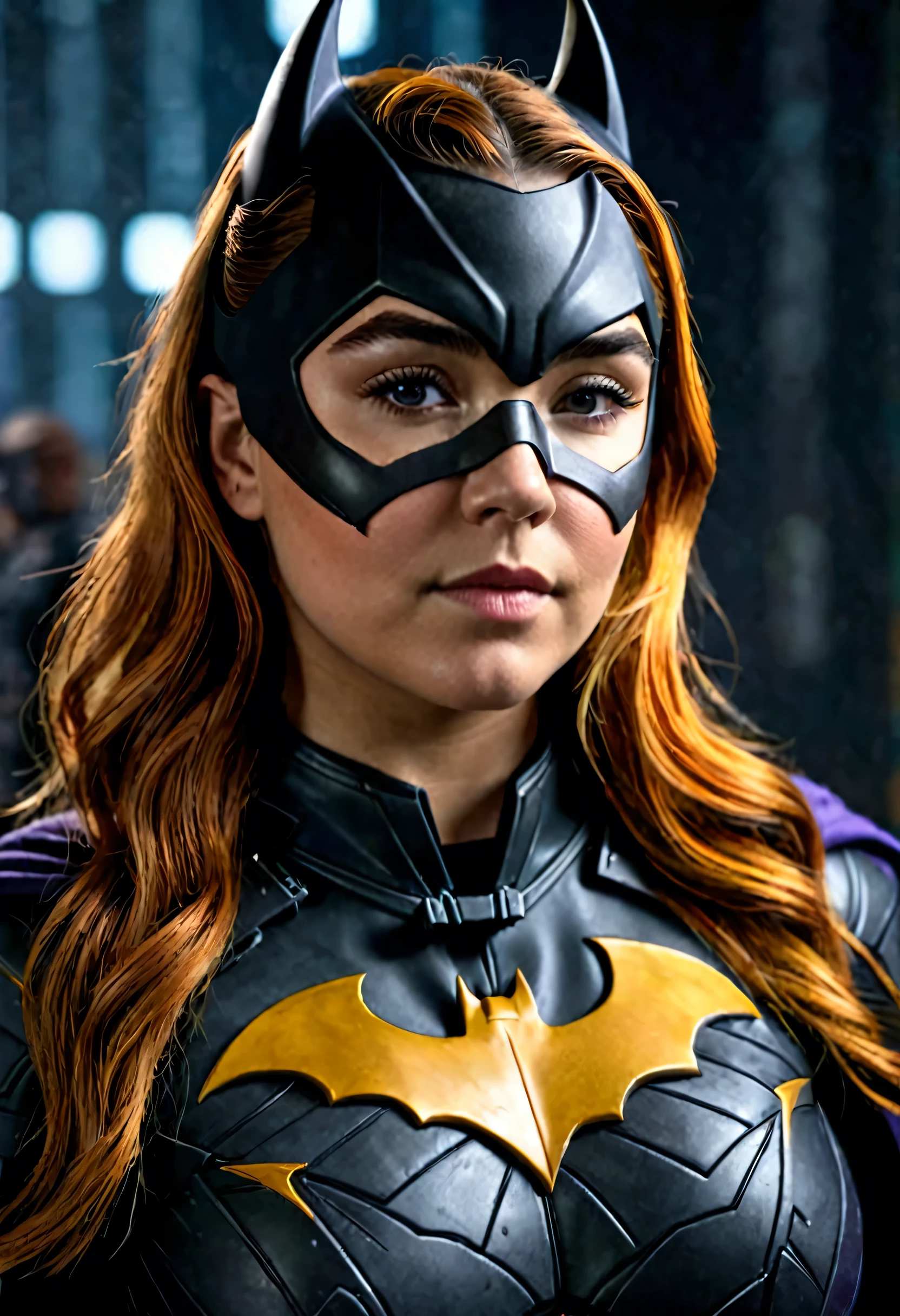 a beautiful detailed portrait of Florence Pugh as Batgirl from the DC comics universe,Batgirl costume,Batman emblem on the chest,inspired by the Arkham trilogy video game series,hyperrealistic,8k,extremely detailed,intricate costume design,dramatic lighting,cinematic composition,vivid colors,digital art,concept art style,clear ginger hair,((Mask))