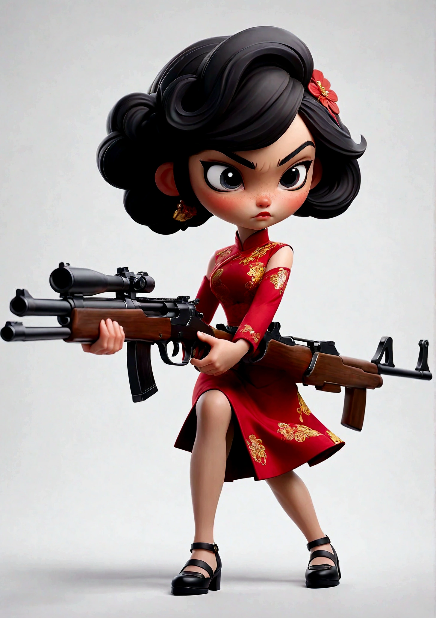 一个穿着红色cheongsam的女人手里拿着gun,White background,1 girl,Black Hair,Black collar,cheongsam,Finger on the trigger,gun,手gun,heckler & koch,拿着gun,拿着arms,手gun,红色cheongsam,左轮手gun,short hair,solo,Thigh straps,arms