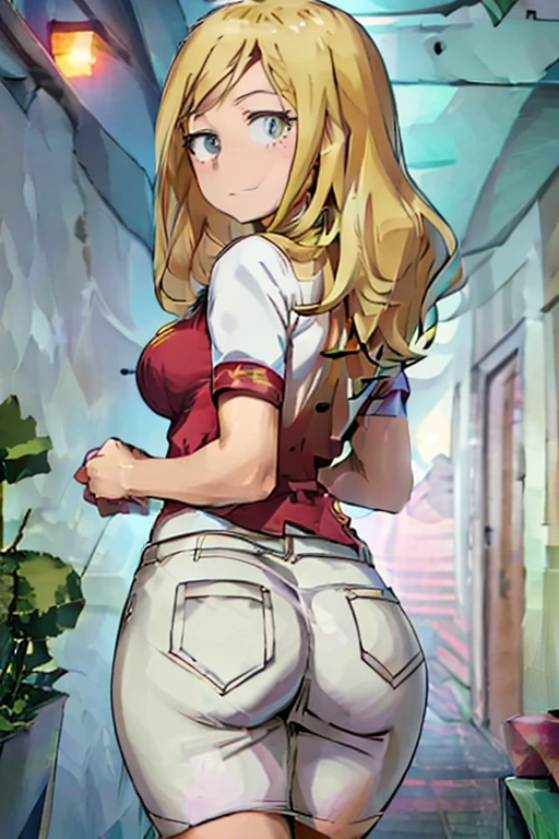 (\melissa shield)/,(\Character from the Boku no hero academia series)/,(\Medium breasts)/,(\super pretty)/,(\turned on her back, sticking her ass out)/,(Wearing),+,(a pencil skirt and a sensual white t-shirt)
