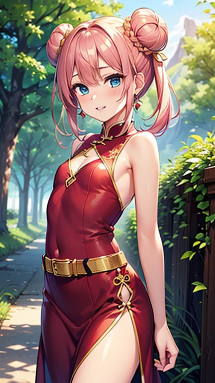 realisticlying， realisticlying，cowboy lens，tmasterpiece，hoang lap，1girll，Sakura Haruno，forehead mark，red hairband，Red cheongsam，groin，bangle，looking at viewert，ssmile，SakuraNS，Private garden，ventania，Floating hair，big cleavage breasts，（（Wide buttock））），tonedbody，Detailed eyes，