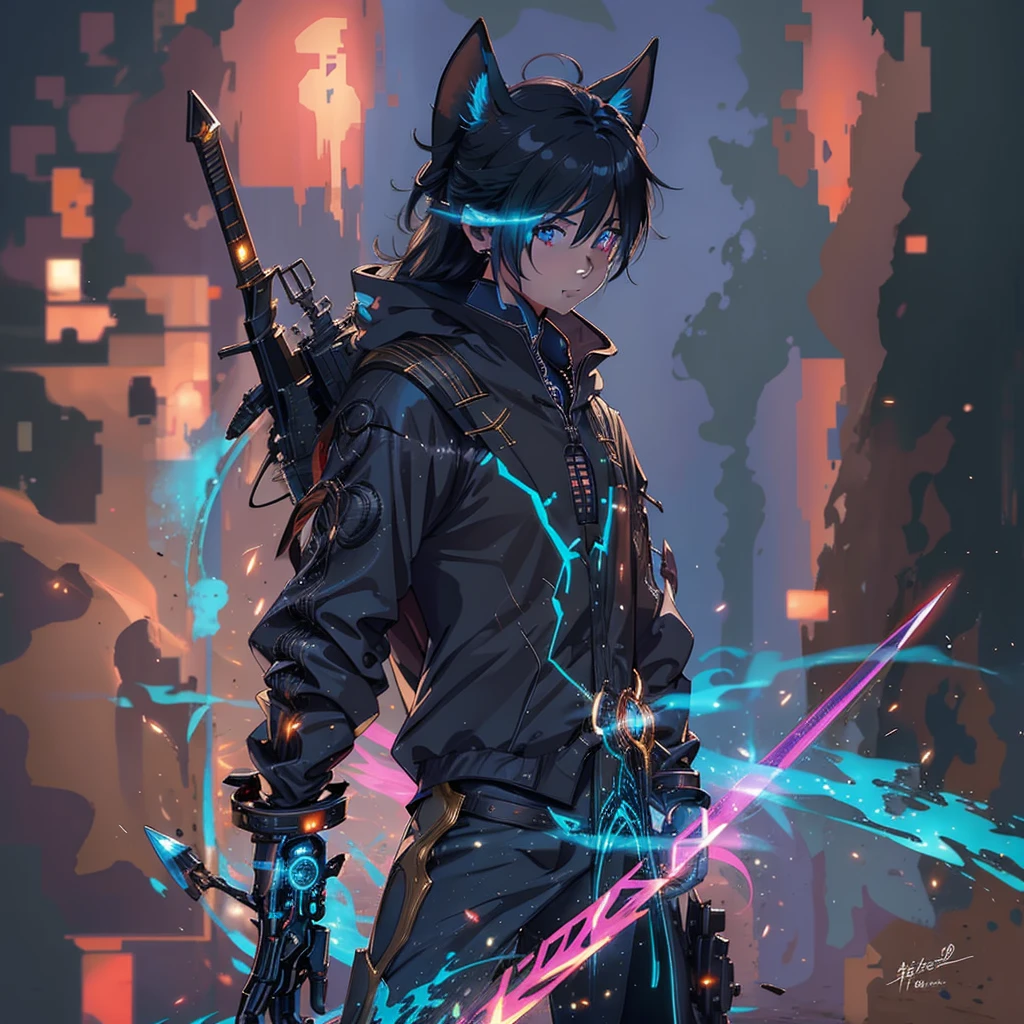 human Sorcerer secret agent, full body, wearing an elegant suit with magic circuits, long sword with magical carved details glowing, whole rabbit ears, human face, glowing eyes, fantasy RPG, tanned skin, neon punk, art book, Studio ghibli, wide setting, in the middle of a magical cyber retro metropolis, magical light reflected in the hair and ear, aura of light, style power, half-top view, old anime style