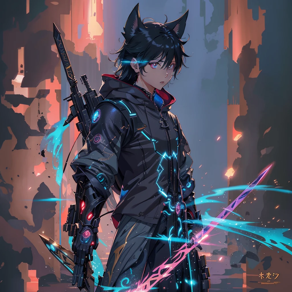 human Sorcerer secret agent, full body, wearing an elegant suit with magic circuits, long sword with magical carved details glowing, whole rabbit ears, human face, glowing eyes, fantasy RPG, tanned skin, neon punk, art book, Studio ghibli, wide setting, in the middle of a magical cyber retro metropolis, magical light reflected in the hair and ear, aura of light, style power, half-top view, old anime style