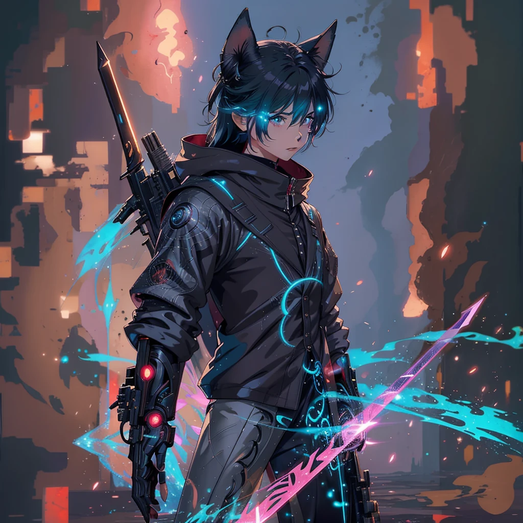 human Sorcerer secret agent, full body, wearing an elegant suit with magic circuits, long sword with magical carved details glowing, whole rabbit ears, human face, glowing eyes, fantasy RPG, tanned skin, neon punk, art book, Studio ghibli, wide setting, in the middle of a magical cyber retro metropolis, magical light reflected in the hair and ear, aura of light, style power, half-top view, old anime style