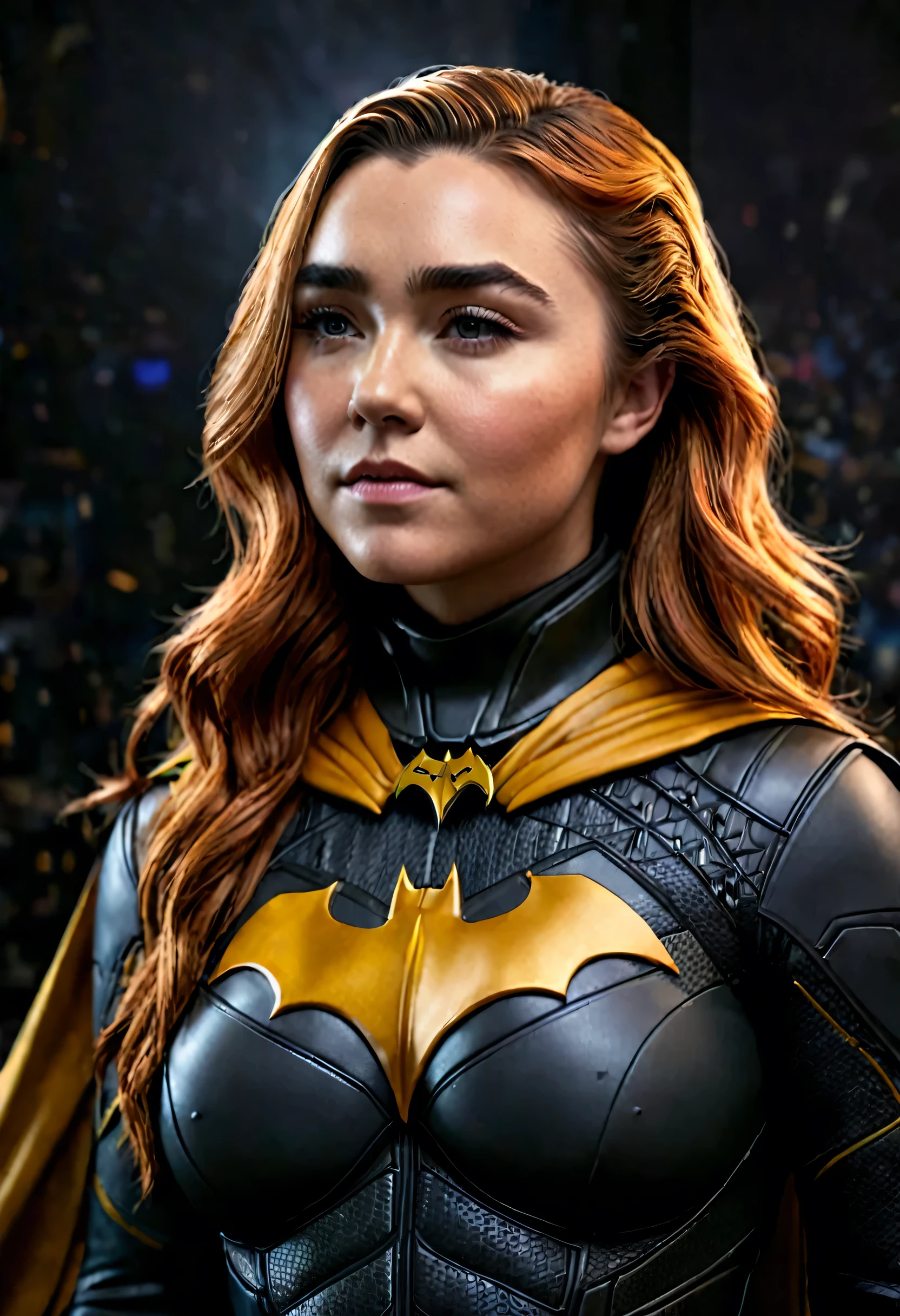 a beautiful detailed portrait of Florence Pugh as Batgirl from the DC comics universe,Batgirl costume,Batman emblem on the chest,inspired by the Arkham trilogy video game series,hyperrealistic,8k,extremely detailed,intricate costume design,dramatic lighting,cinematic composition,vivid colors,digital art,concept art style,clear ginger hair,((Mask))