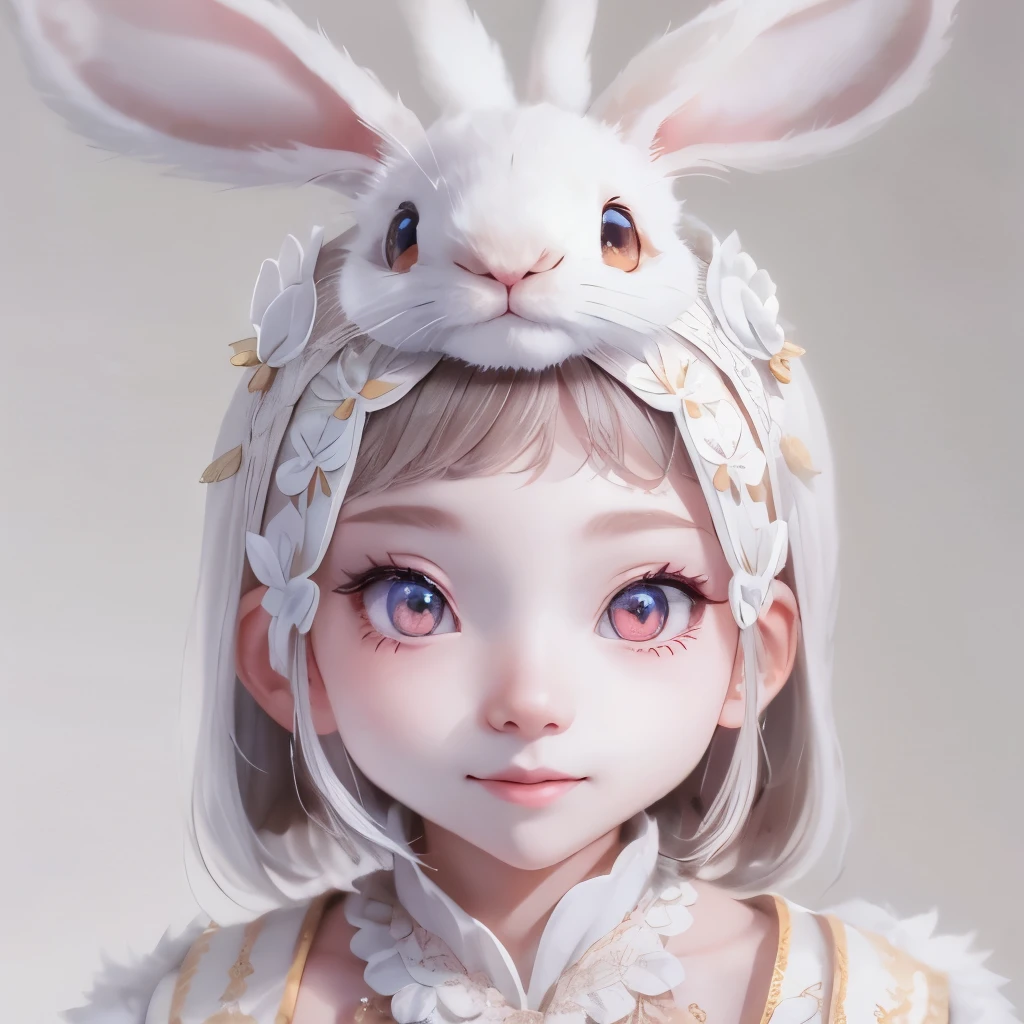 White gradient background，（panoramic：1.2，Lesbians all over：1.2），1. Huge Breasts，Anatomically correct，Rabbit-shaped head ornament，Short, thin hair，smile，Clothes with rabbit print，White shoes，Perfect balance，Highly detailed face，（The best quality in the best condition，High detail，masterpiece，Official Art，Cinematic Lighting Effects，4K）Eye color