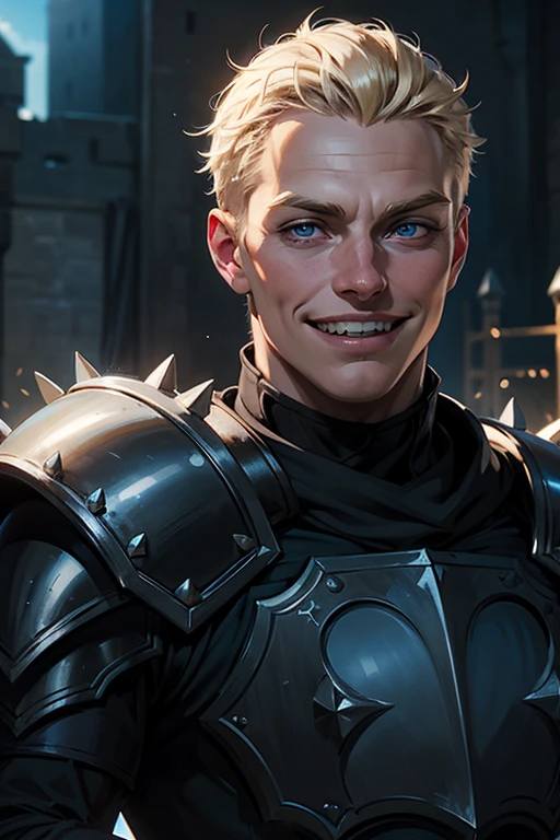 1 boy, a guard wearing black spiky armor. Youthful face, goofy expression, goofy smile, blonde hair, blue eyes, wide eyes, laughing, (((happy))), surprised, surprised face. Soft face. Black spiky armor. Castle gates background. Body shot