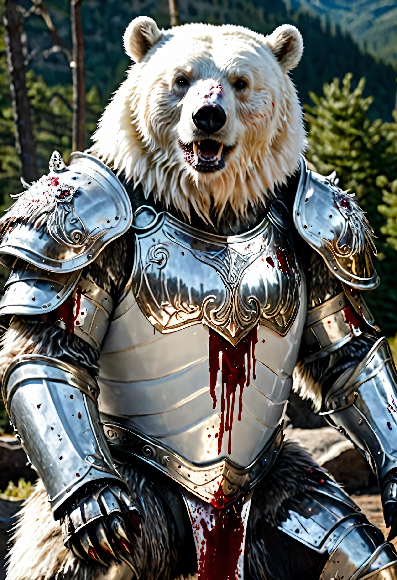 A large white-furred bear wearing heavy, shining silver armor, ((wounded)),((blood)),((chaotic and terrifying scene))