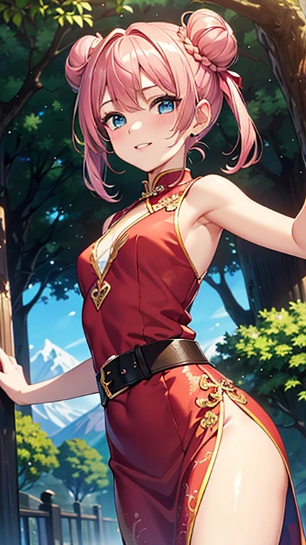A girl is posing for a photo,pretty girl,Enchanting girl,Anime Girls,
(((One Girl,Baby Face,16 years old))),
BREAK
((A long Chinese dress with gold dragon embroidery on a red background:1.4 + Long skirt with side slits + Deep V-neck design + Sleeveless + Tight fit at the waist with a gold belt + Black knee-high stockings + Black high heels on your feet))、Earrings、
BREAK
((Matte pink hair + Double buns on both sides))、
(Drooping eyes,blue eyes),(Small breasts),
BREAK
(Beautiful Hair,Shiny Hair),
(Expression of fine eyes,Beautiful and delicate eyes,Sparkling eyes,Eye Reflexes),
(double eyelid,Long eyelashes),
(Beautiful Nose,Thin Nose),
(Glossy lips,Beautiful Lips,Thick lips),
(Symmetrical facial features,Perfect Face),(((Detailed skin,Oily skin,Textured skin,Beautiful Skin))),
BREAK
(Evil Smile),
((noon、In the forest of fantasy world:1.4、Overgrown trees、sunlight、Mountain)),((Dynamic Pose、Cowboy Shot)),
BREAK
(((highest quality)),((masterpiece)),((Very detailed))),((High resolution),(8k),(16k,1080p),(Anime 2D Rendering)),(Anatomically correct),
(The best CG),Highly detailed art,CG illustration,