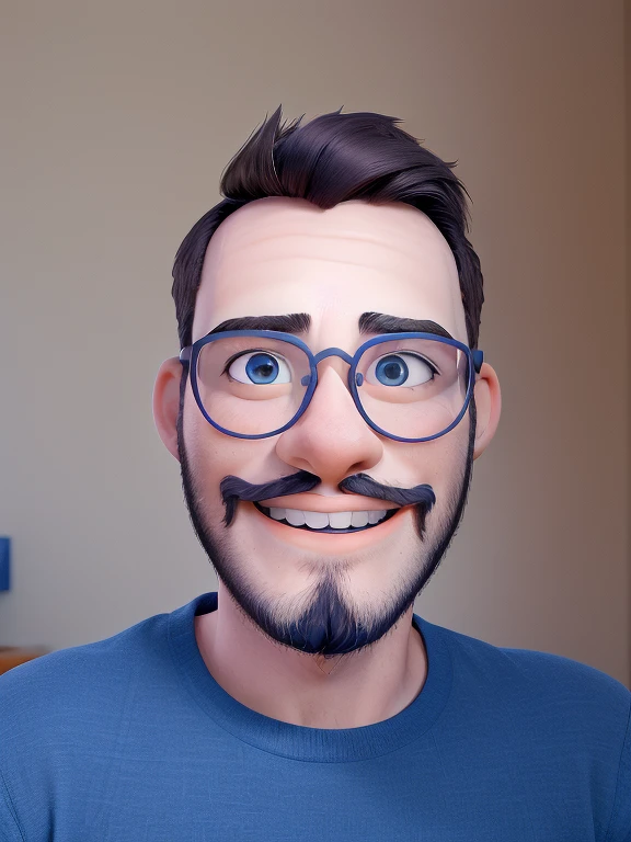Homem de 26 anos  meio afeminado, tosto quadrado, medium beard, bigode do alok, blue lens glasses, olhos castanho escuro. Sorrindo bem grande, facial expression in smile. Cabelo escuros, moreno olhos pretos