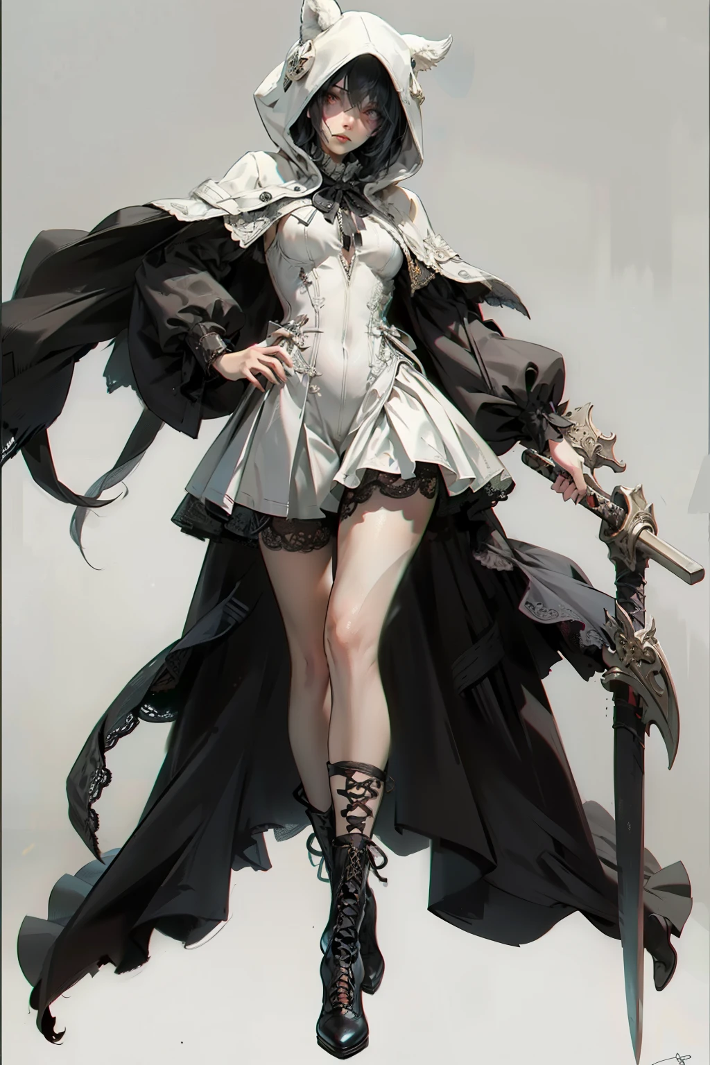 ((best quality)), ((masterpiece)), (detailed), blank white background, plain background, white background, red and white clothing, Bloodborne aesthetic, occult aesthetic, occult, occult paraphernalia, detailed and intricate steampunk and detailed gothic, NSFW, Very dramatic and cinematic lighting, cosmic horror, grim-dark, side-lighting, perfect face, NSFW, Fluttering lace flared dress with frilly petticoats, pleated petticoats, petticoats, complex lace boots, side-lighting, gothic aesthetic, wielding mighty mechanical melee weapons, mechanical components, carbine, NSFW, beautiful small breasts, small breasts, full body, whole body, body, plain background, white background, blank background, no background, white background NSFW, full body, whole body, head-to-toe dynamic poses NSFW