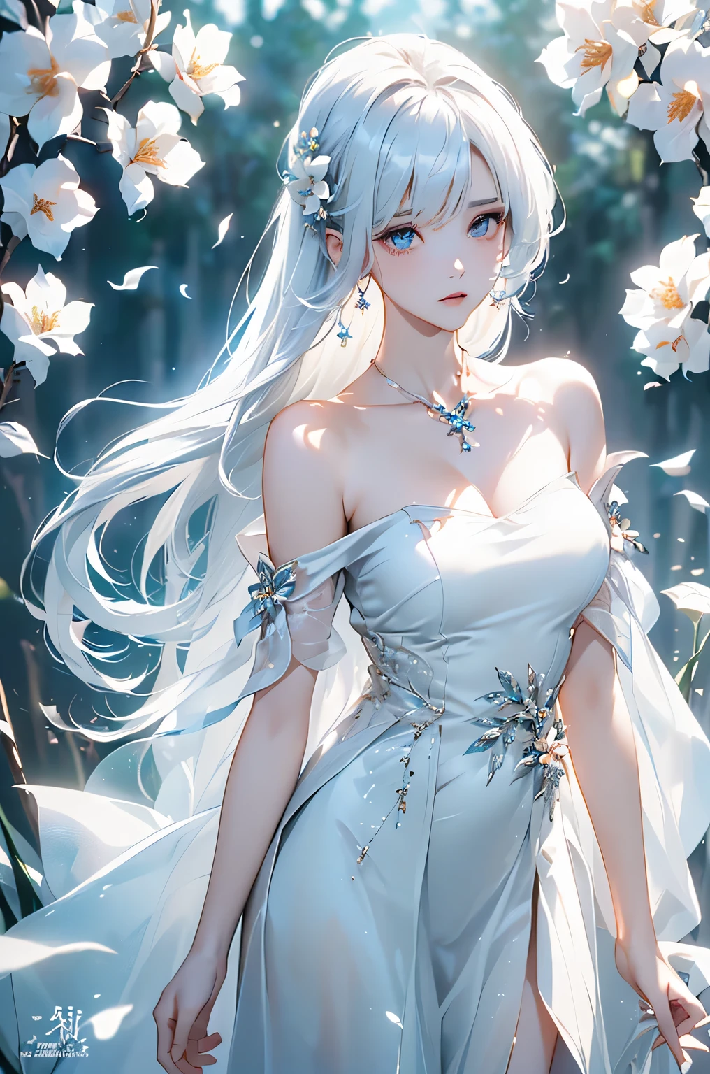 ((From the waist up))((masterpiece:1.5、8k、Portraiture、Photorealistic and very detailed CG、Very detailed、Particle Effects、Dynamic Effects、Written boundary depth、Cinematic Light、Lens flare、Ray Tracing、Tabletop、Realistic、超A high resolution:1.2)((alone、,Woman in off-the-shoulder dress:1.4、Model-like pose、Beautiful medium sized breasts、Detailed face、brightexpression、young, bright, Whiter skin、Best Looks、Ultimate beauty、White hair with shiny highlights:1.8、bright and shiny hair,、Super long, Silky straight hair、Hair swaying in the wind))(Wonderful transparent flower々Surrounded by、White Background、Great background、Thin petals fluttering down)