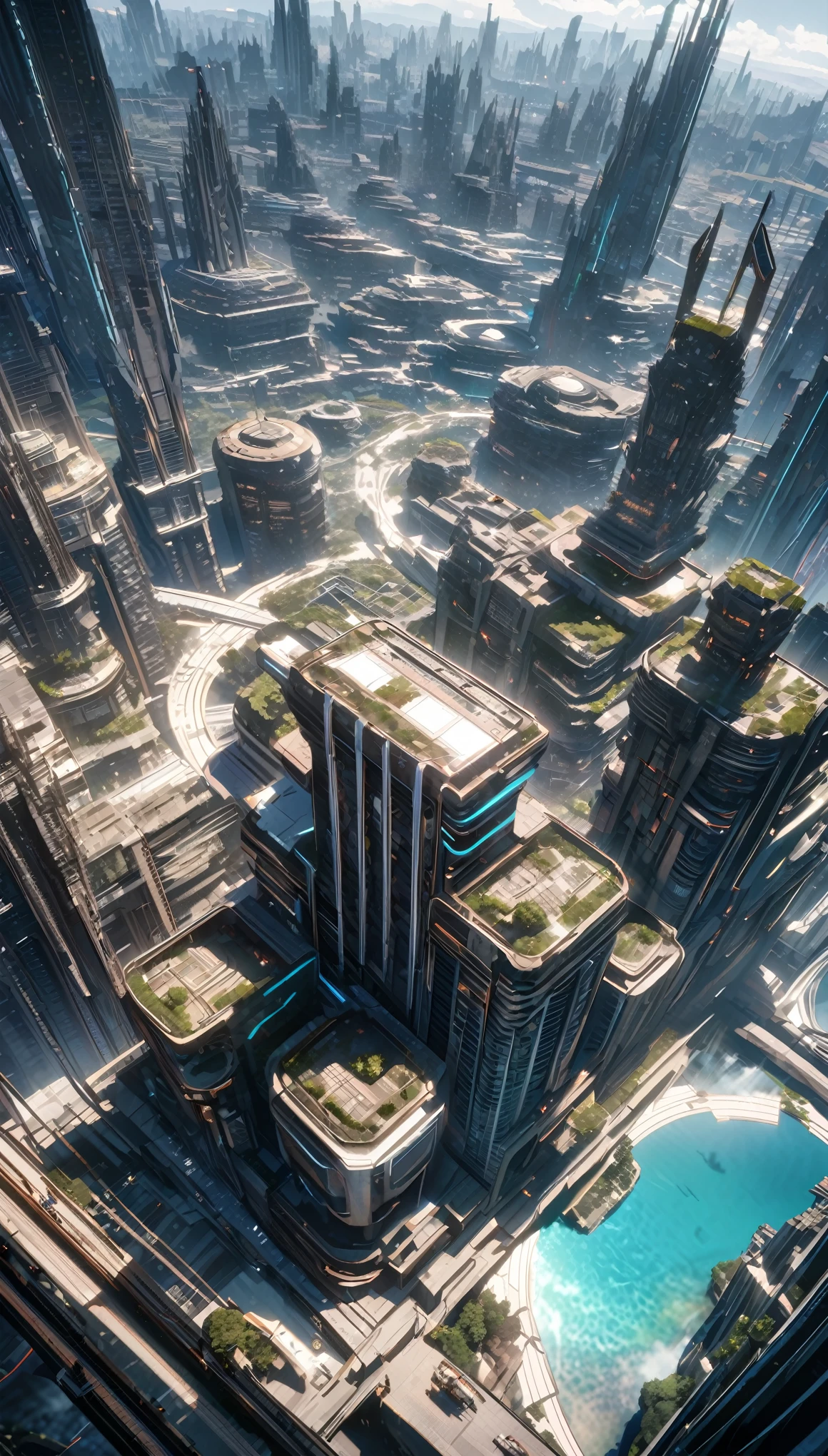  Anime aesthetics, bustling futuristic city with massive citadel, hive-ship now a museum piece, Hans Giger style blending into bright, utopian design, clear sunny day, heroic and hopeful atmosphere, curved lines, sci-fi, beautiful scene, wide shot, from high above, 16k, 8k, best quality, highres, high quality, high details, super detail, accurate, UHD