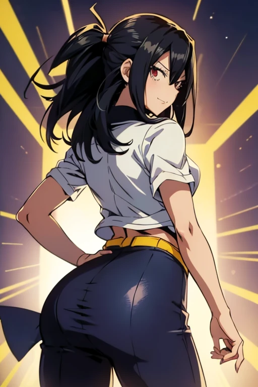 (\nana shimura)/,(\Character from the Boku no hero academia series)/,(\Medium breasts)/,(\super pretty)/,(\turned on her back, sticking her ass out)/,(Wearing),+,(a pencil skirt and a sensual white t-shirt)