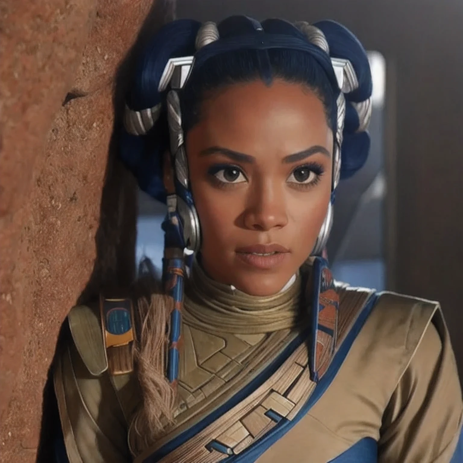 ,Close-up of a person wearing a star wars mask, Ahsoka Tano, portrait of Ahsoka Tano, from the mandalorian (2019), in the star wars sequels, Tessa Thompson inspired, Ray, Tessa Thompson, Star Wars Screenshots, portrait of ororo munroe, Wakanda, Ariana Grande in Star Wars