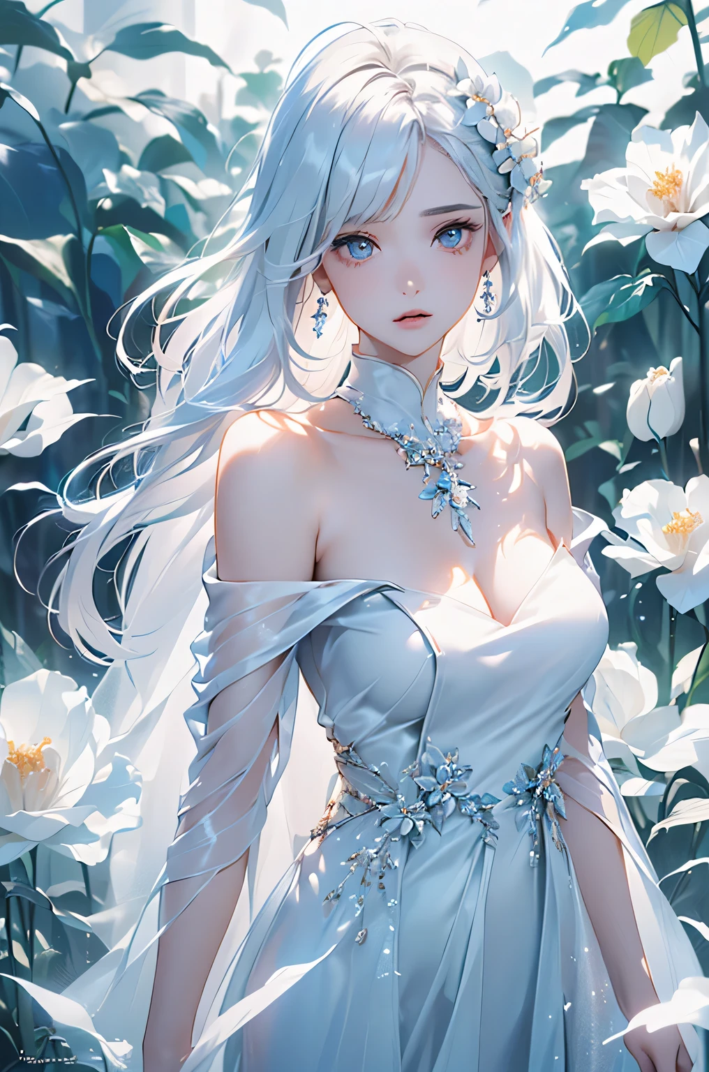 ((From the waist up))((masterpiece:1.5、8k、Portraiture、Photorealistic and very detailed CG、Very detailed、Particle Effects、Dynamic Effects、Written boundary depth、Cinematic Light、Lens flare、Ray Tracing、Tabletop、Realistic、超A high resolution:1.2)((alone、,Woman in off-the-shoulder dress:1.4、Model-like pose、Beautiful medium sized breasts、Detailed face、brightexpression、young, bright, Whiter skin、Best Looks、Ultimate beauty、White hair with shiny highlights:1.8、bright and shiny hair,、Super long, Silky straight hair、Hair swaying in the wind))(Wonderful transparent flower々Surrounded by、White Background、Great background、Thin petals fluttering down)
