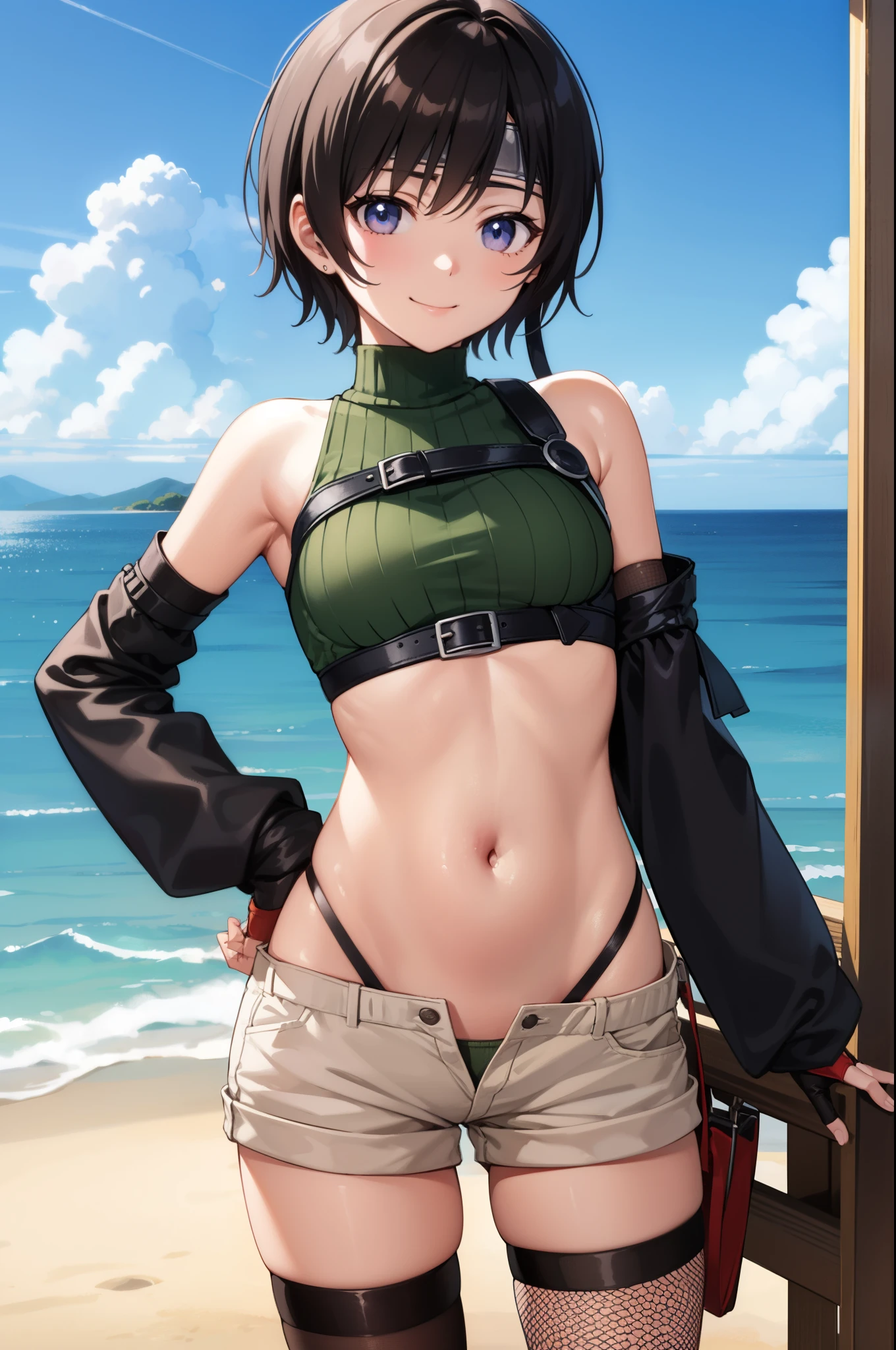 yuffiekisaragi, Yuffie Kisaragi,Haircuts, pixie cut,
壊す crop top, fingerless gloves, fishnet Thighhighs, fishnet, forehead protector, gloves, head band, belly button, short shorts, shorts, single sleeve, single thigh high, No sleeve, No sleeve turtleneck, Thighhighs, turtleneck,
bench、blue sky、smile, solo