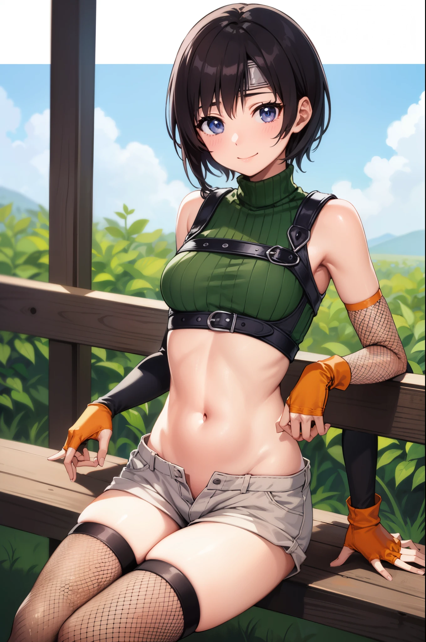 yuffiekisaragi, Yuffie Kisaragi,Haircuts, pixie cut,
壊す crop top, fingerless gloves, fishnet Thighhighs, fishnet, forehead protector, gloves, head band, belly button, short shorts, shorts, single sleeve, single thigh high, No sleeve, No sleeve turtleneck, Thighhighs, turtleneck,
bench、blue sky、smile, solo