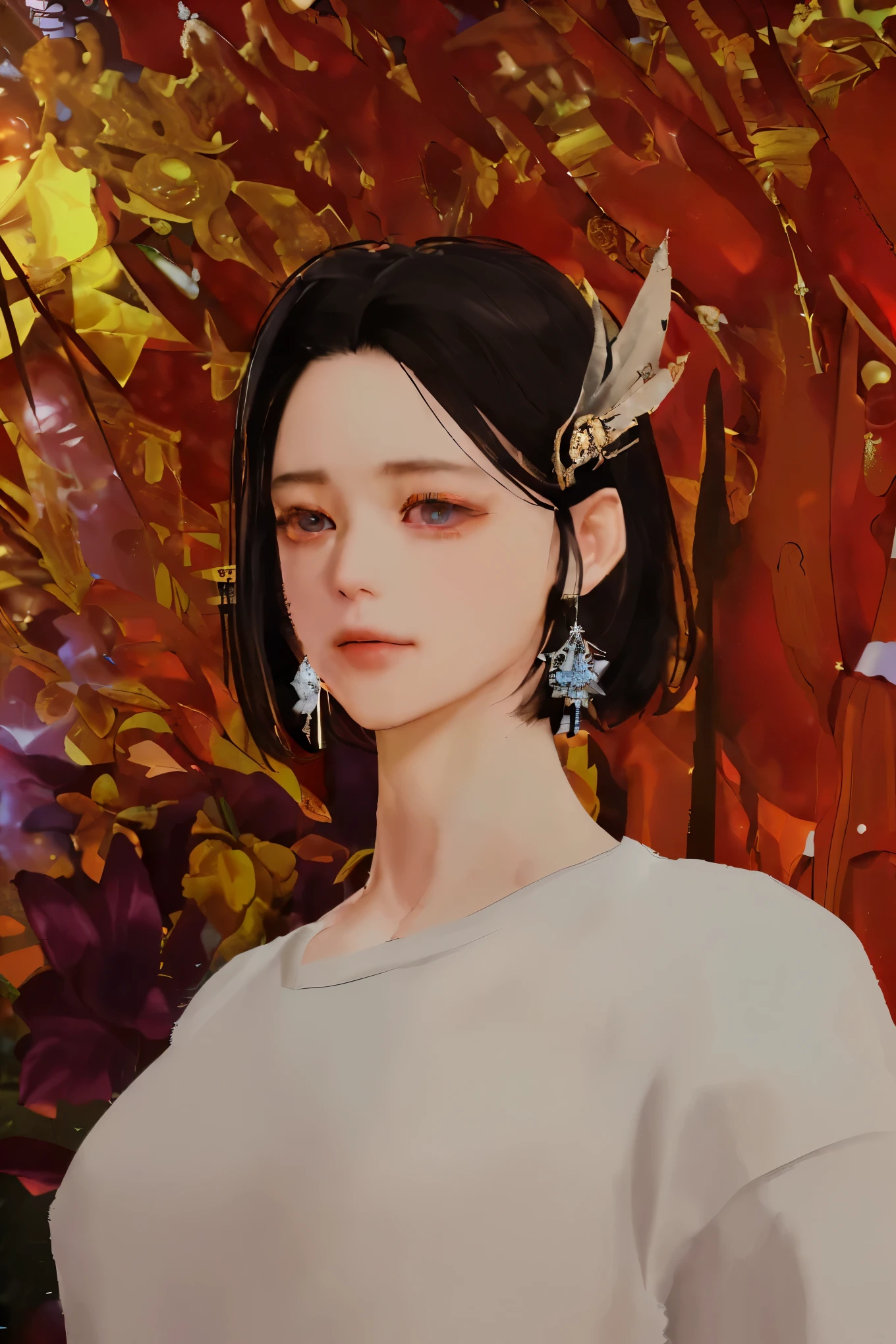 (Extreme detail CG Unity 8K wallpaper, masterpiece, best quality), (절묘한 light과 그림자, very dramatic photo, movie lens effect), fantasy art, realistic, light, art station, poster, 체적 light, very detailed face, 4 thousand, deep shadows, long eyelashes, light smile, black hair, black eye, assembly, determined, Verism, animation style, 시네마틱 light, stereoscopic view, cubism, depth of field, UHD, masterpiece, accurate, anatomically correct, textured skin, super detail, high details, high quality, best quality, 8 thousand, short hair, single sidelock, earring