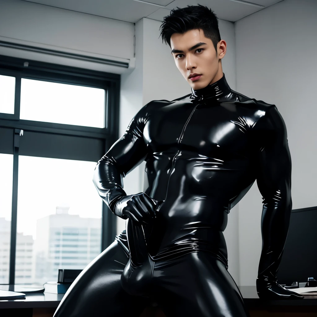 Skin is not shown Skin is covered with black latex High quality High quality High quality real penis Handsome man 20 years old sucking penis,a daddy,tight black tight suit,in the office,muscle, gay ,black hair,asia face,masculine,,handsome,sex,leather gloves,lecherous dad,look straight ahead,Dad is erection