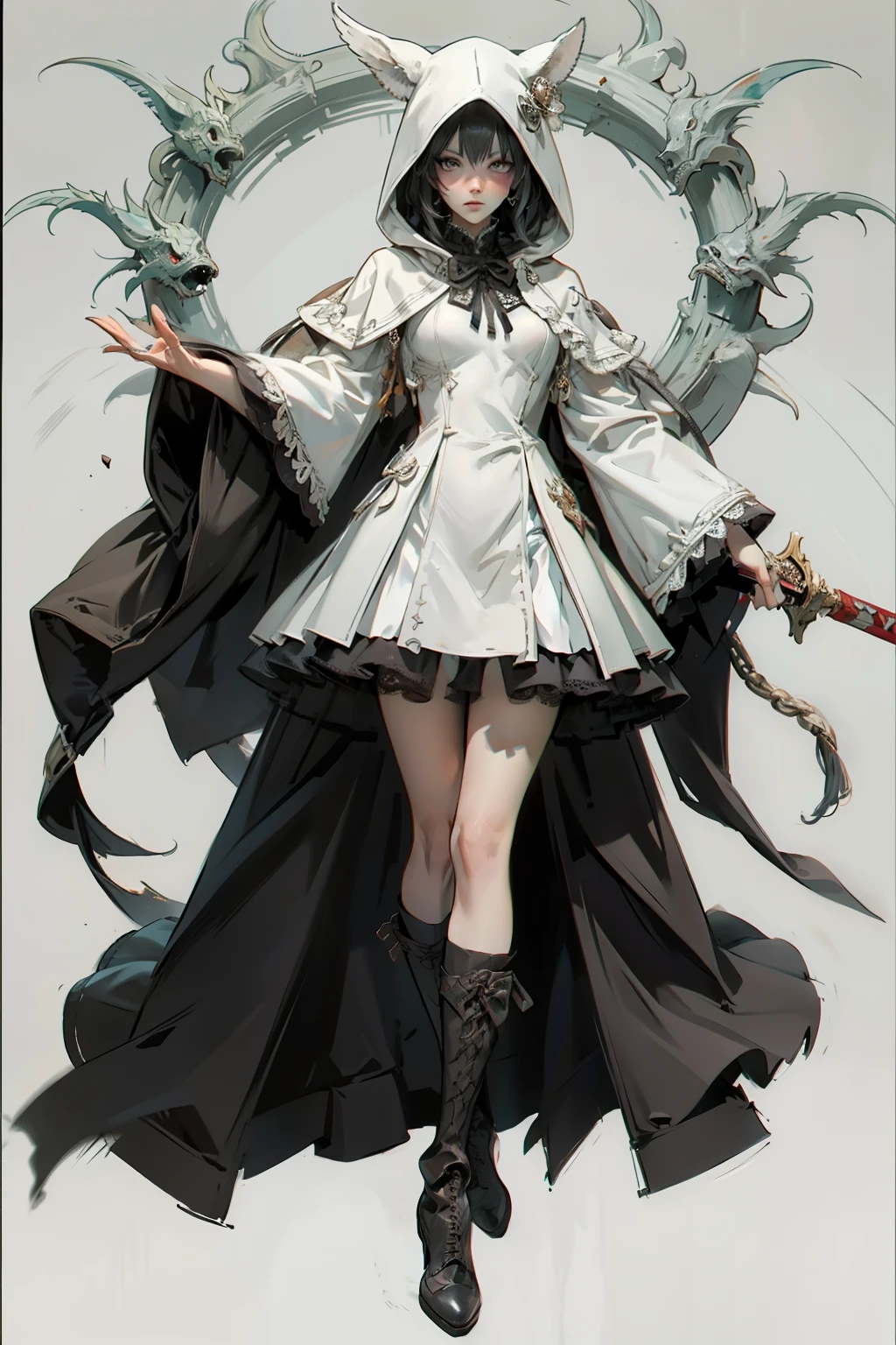 ((best quality)), ((masterpiece)), (detailed), blank white background, plain background, white background, red and white clothing, (with a hood), Bloodborne inspired, occult aesthetic, occult, detailed and intricate steampunk and detailed gothic, NSFW, Very dramatic and cinematic lighting, cosmic horror, grim-dark, side-lighting, perfect face, NSFW, Fluttering lace flared long knee length dress with frilly petticoats, knee length dress, pleated petticoats, ta dress, petticoats gothic lolicomplex lace boots, wielding a sword and holding a shield, side-lighting, gothic lolita aetic, NSFW, beautiful small breasts, small breasts, full body, whole body, body, plain background, white background, blank background, no background, white background NSFW, full body, whole body, head-to-toe