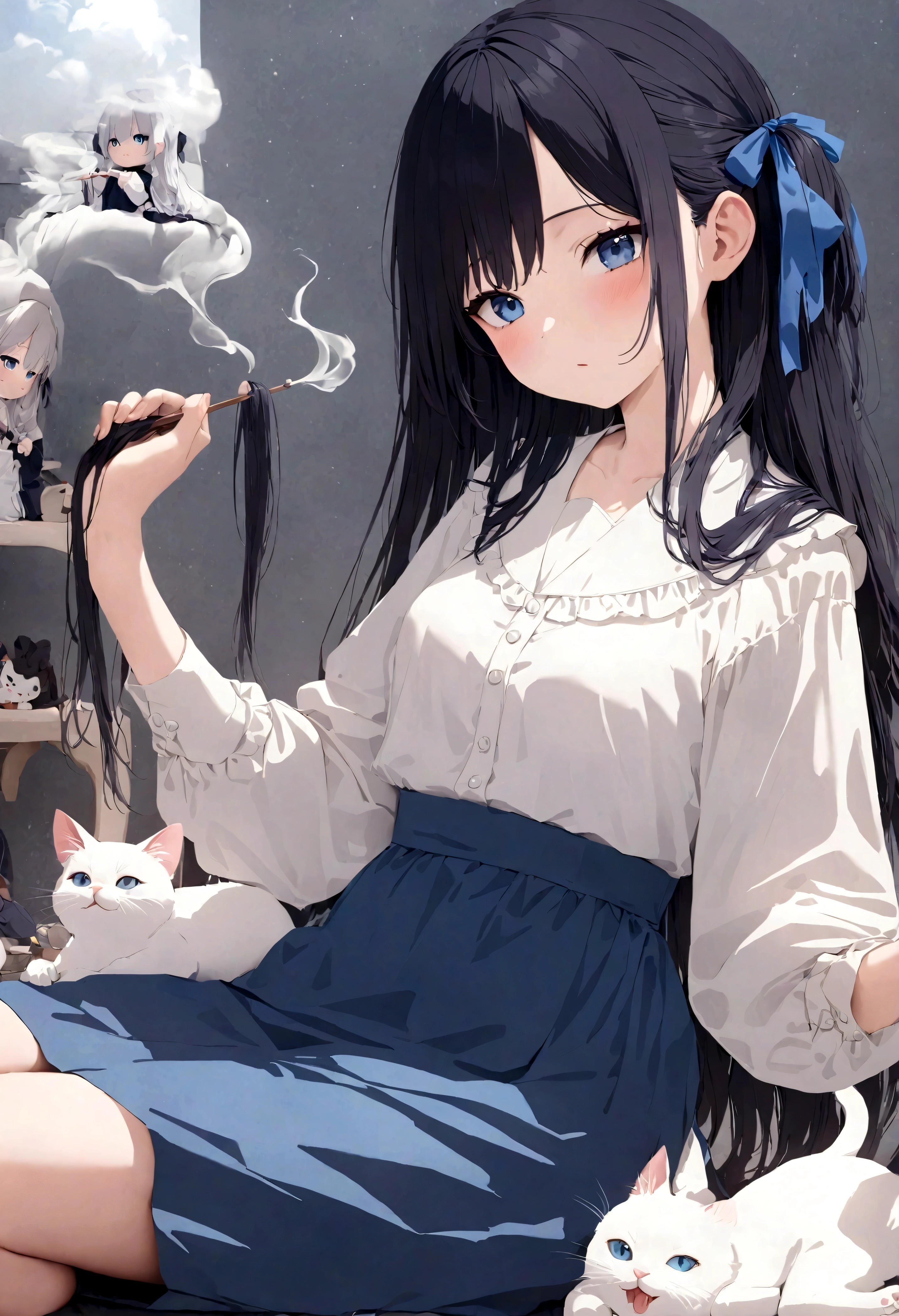 (Best quality,4K,8K,high resolution,Masterpiece:1.2),Super detailed,(Realistic,Photorealistic,Photo-realistic:1.37),Blue long hair, blue eyes, A flowing blue dress, White top,Three-quarter sleeves, Seated, Girl, Combing Hair, Starry sky background, Smoke Smudge, White cat,Dolls