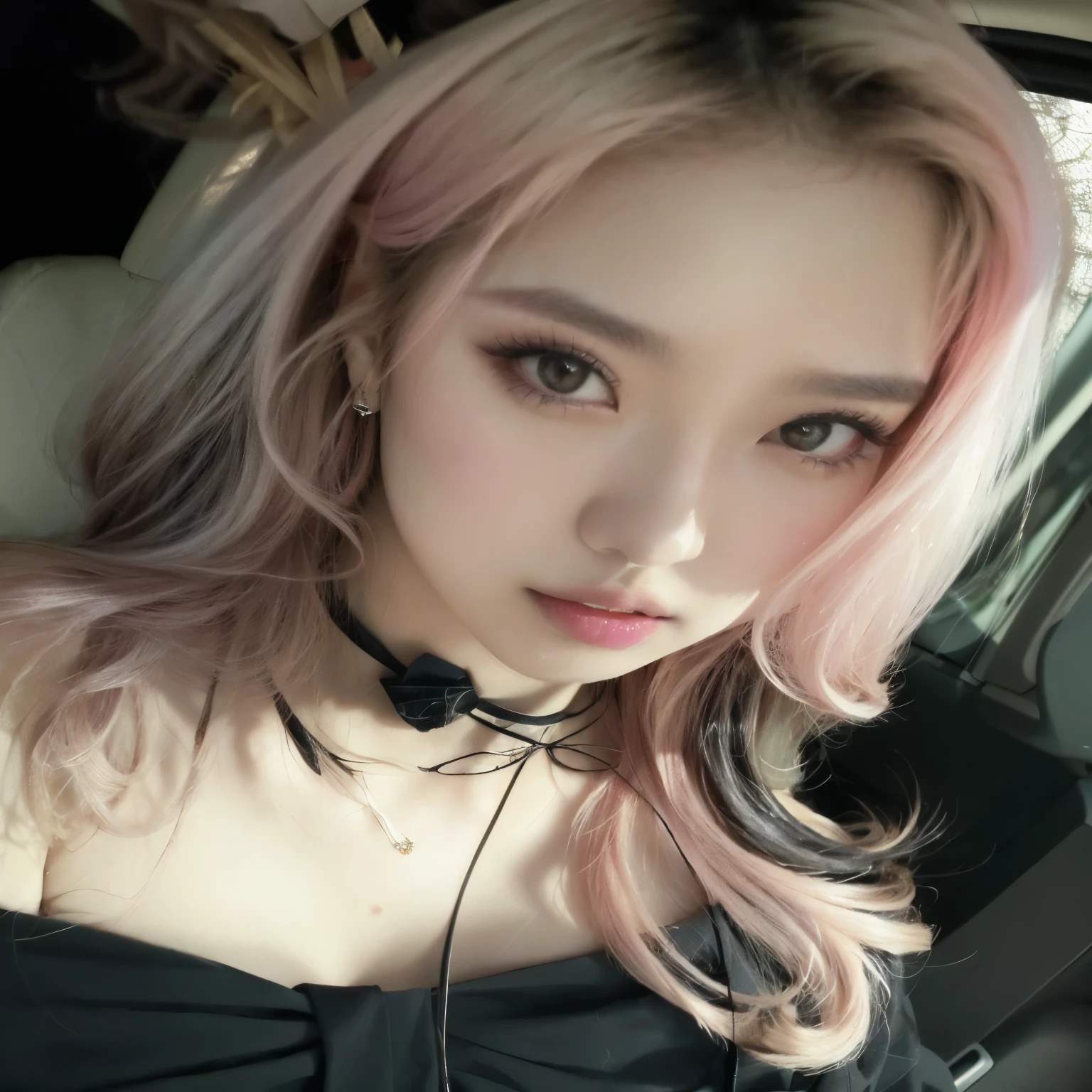 araffe con cabello rosado and a choke is sitting in a car, muchacha coreana, con cabello rosado, piel suave y rosada, ulzzang, pale korean adorable face, parque roseanne de blackpink, jinyoung shin, maquillaje popular de corea del sur, retrato de jossi de blackpink, hermosa joven coreana, sakimichan, hermosa mujer surcoreana, 8K))