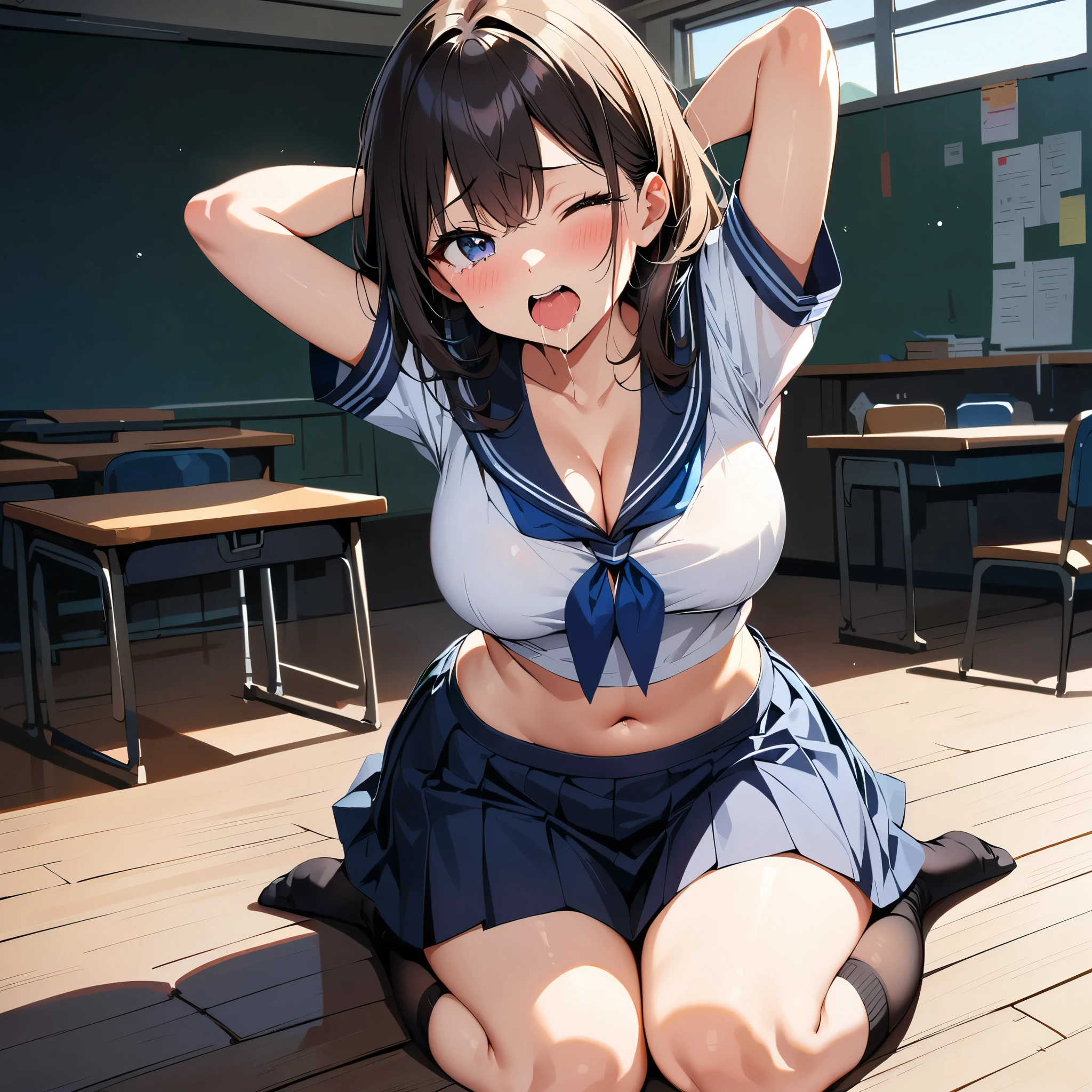 One girl, highest quality, Super detailed, masterpiece, Ultra-high resolution, 8k, Embarrassing, blush, Lovely, Close one eye, With tears in her eyes and her mouth open, What saliva leaves behind, (arms behind head), wariza, sailor uniform, cleavage out, crop top navel, Sticky white lace panties,  Classroom Background, (Videl:1.2), The skirt is accidentally exposed,large breasts, Accidentally exposed panties, Absolute area, Black knee socks