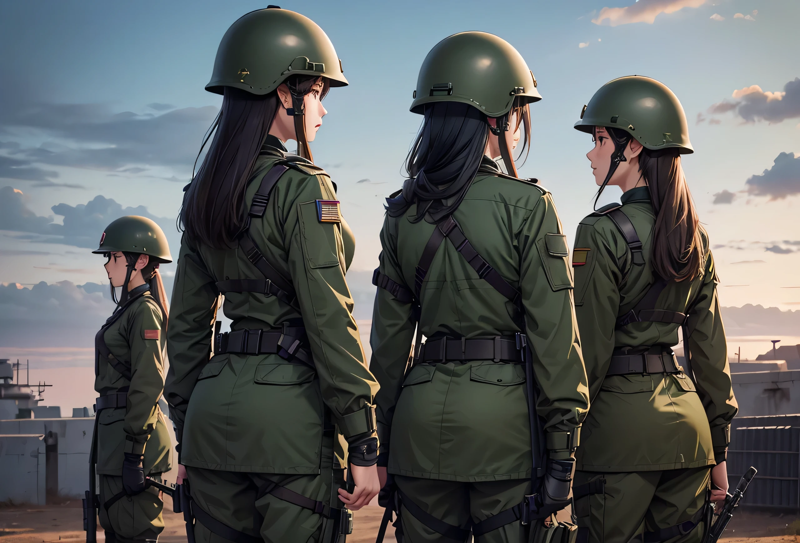 From the back、Four female soldiers standing side by side、back、Lower Body、Wear a steel helmet、Individual equipment set、Wearing dark green M-51 military uniform、Write details、masterpiece、best quality、Highly detailed CG、8K picture quality