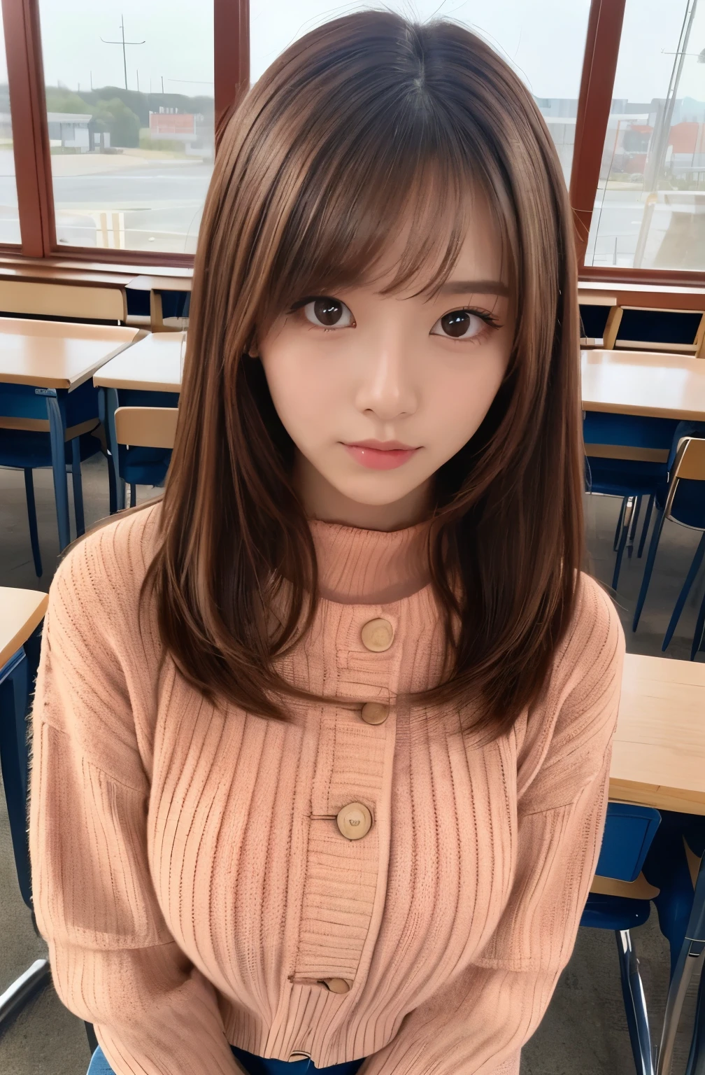 randome pose、top-quality、超A high resolution、(Photorealsitic:1.5)、1 girl、Red sweater、(Brown hair:1.2)、(huge-breasted:1.2)、‎Classroom、looking at viewert、a closeup、full body Esbian、Nasty eyes