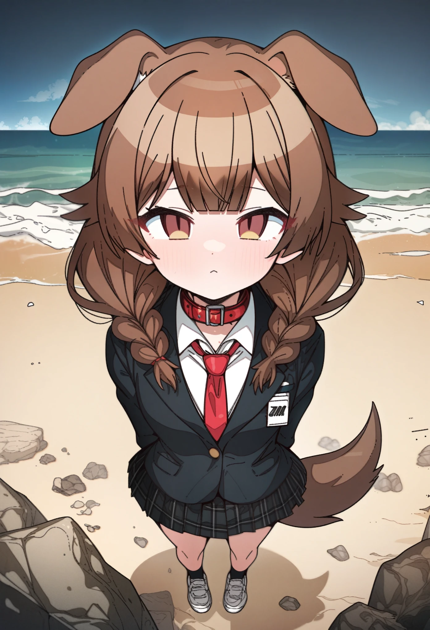 hoshino_(blue_archive) with brown hair and brown eyes, Artist, erere, Copyrights, idolmaster, idolmaster_shiny_colors, Character, General, 1girl, brown_hair, blunt_bangs, blush, medium_breasts, breasts, detailed eyelashes, beatiful girl:1, brown_eyes, censored, school_uniform, black pleated skirt, black blazer, white shirt, red tie, dog_tail, animal_collar, twin_braids, dog_ears, bone_hair_ornament, :|:0.5, (full_body) (standing in middle, beach, rocks), sky:0.7, half-closed_eyes, detailed, sand, outdoors, from_side, looking_at_viewer, masterpiece, best_quality, great_quality, girl, solo, center_composition, centered character, cute
