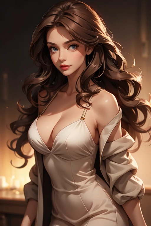 1girl, solo, long hair, ???????, brown hair, dress, cleavage, ??????????????, collarbone, jacket, white dress, lips, realistic