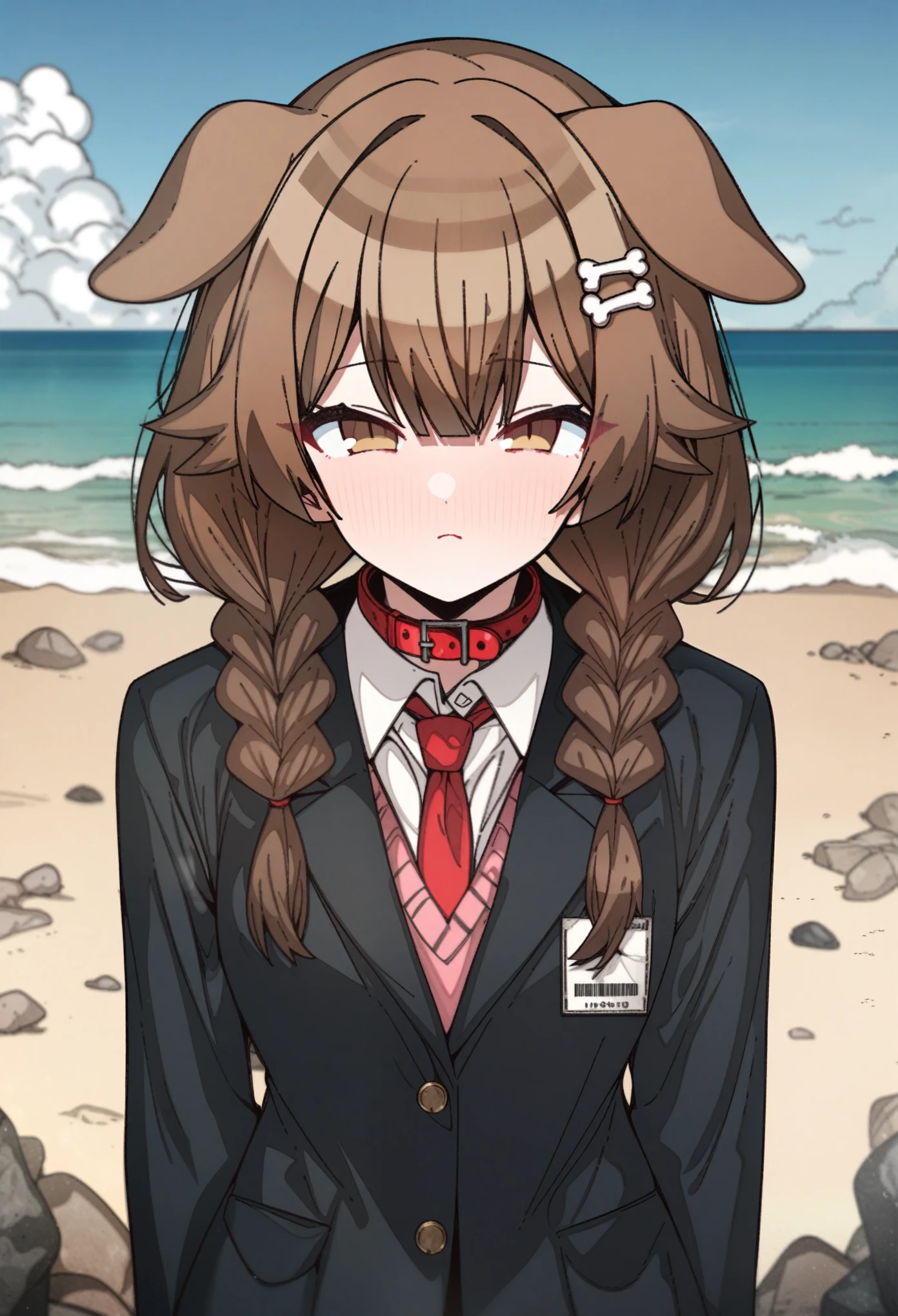 hoshino_(blue_archive) with brown hair and brown eyes, Artist, erere, Copyrights, idolmaster, idolmaster_shiny_colors, Character, General, 1girl, brown_hair, blunt_bangs, blush, medium_breasts, breasts, detailed eyelashes, beatiful girl:1, brown_eyes, censored, school_uniform, black pleated skirt, black blazer, white shirt, red tie, dog_tail, animal_collar, twin_braids, dog_ears, bone_hair_ornament, :|:0.5, (full_body) (standing in middle, beach, rocks), sky:0.7, half-closed_eyes, detailed, sand, outdoors, from_side, looking_at_viewer, masterpiece, best_quality, great_quality, girl, solo, center_composition, centered character, cute
