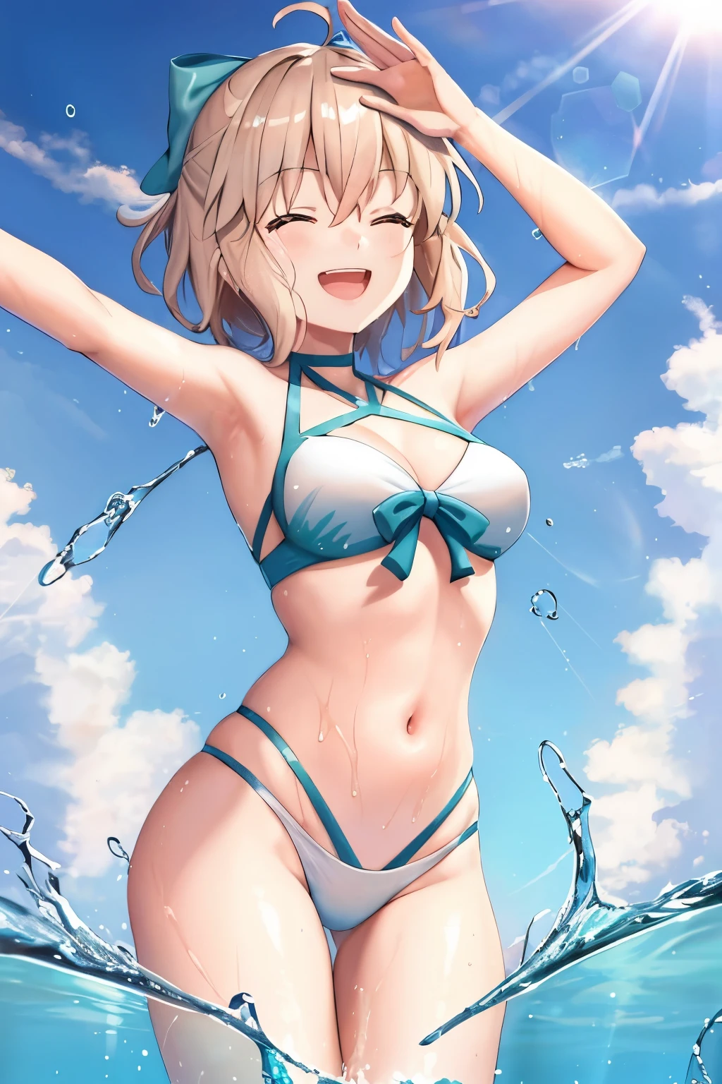 masterpiece, best quality,extremely detailed CG unity 8k wallpaper,
1girl,okita souji \(fate\), swimsuit,bikini,
 smile,open_mouth,dynamic_jumping,sunlight,splash_of_water,happy,closed_eyes,selfie