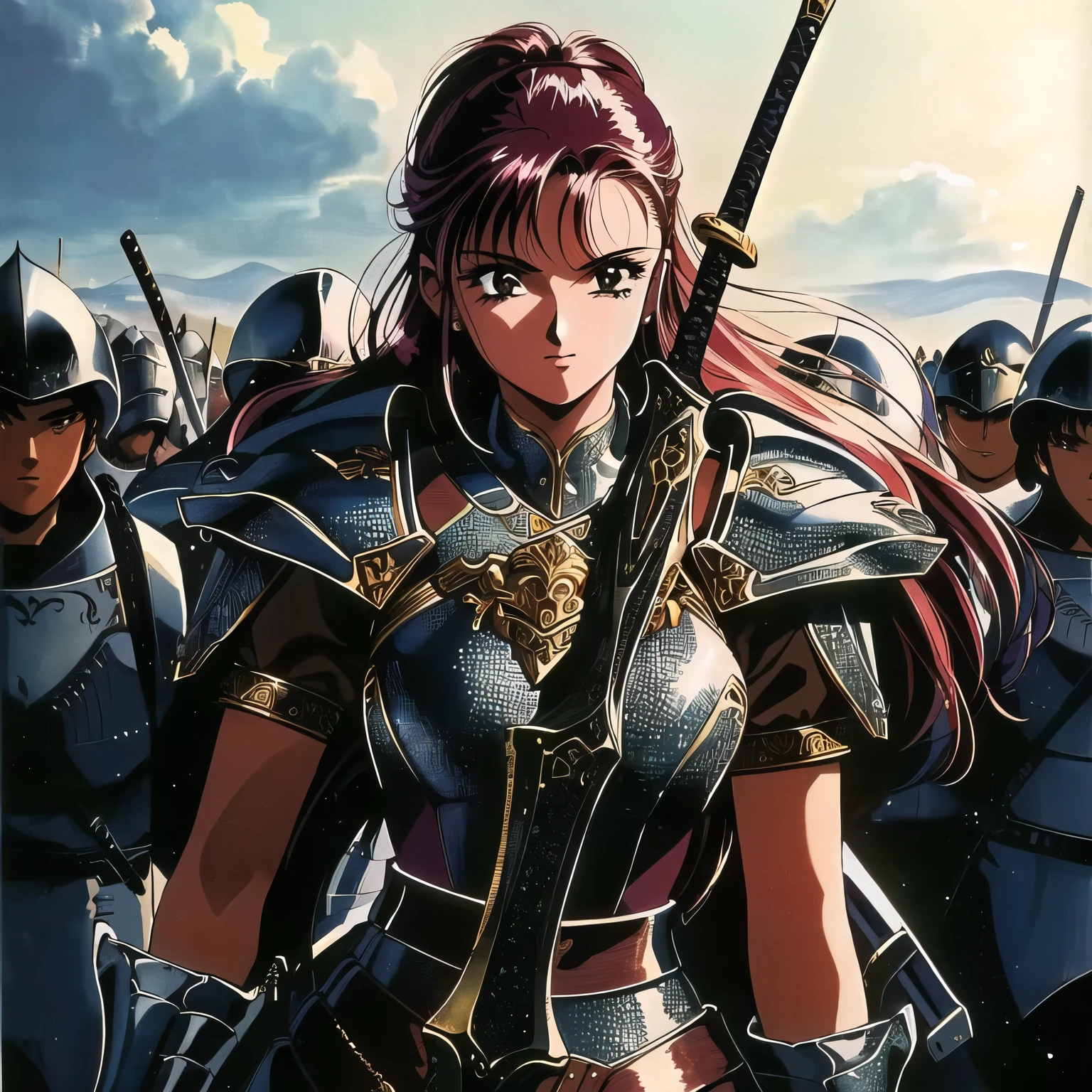 arafed woman in armor holding a sword in front of a crowd of people, beautiful female warrio1990s (style), 1980s (style), retro artstyle, a girl,, best quality, masterpiece.