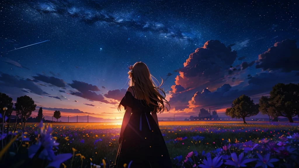 1people々々々々々々々々々々々々々々々,Blonde long-haired woman, camisole,silhouette, Rear View,Space Sky, Flower Field,Colorful flowers