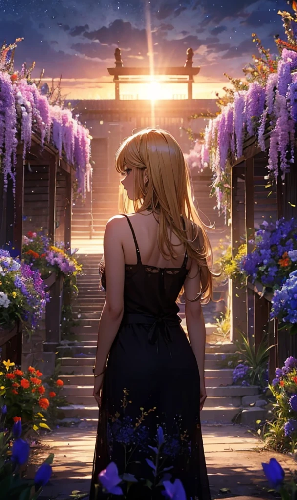 1people々々々々々々々々々々々々々々々,Blonde long-haired woman, camisole,silhouette, Rear View,Space Sky, Flower Field,Colorful flowers