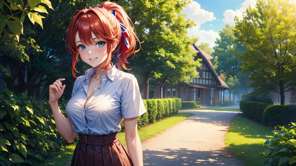 1girl, summer, village, trees, sun, clouds, ((colorful hair)), ponytail, large breasts, button down, blue eyes, ((red, white and green shirt)), ((unbuttoned shirt)), unbuttoning buttons, ((short sleeved shirt)), black mini skirt, brown shoes, grin, looking at the viewer, standing, red, white and green hair ribbon, cleavage, ((golden necklate))